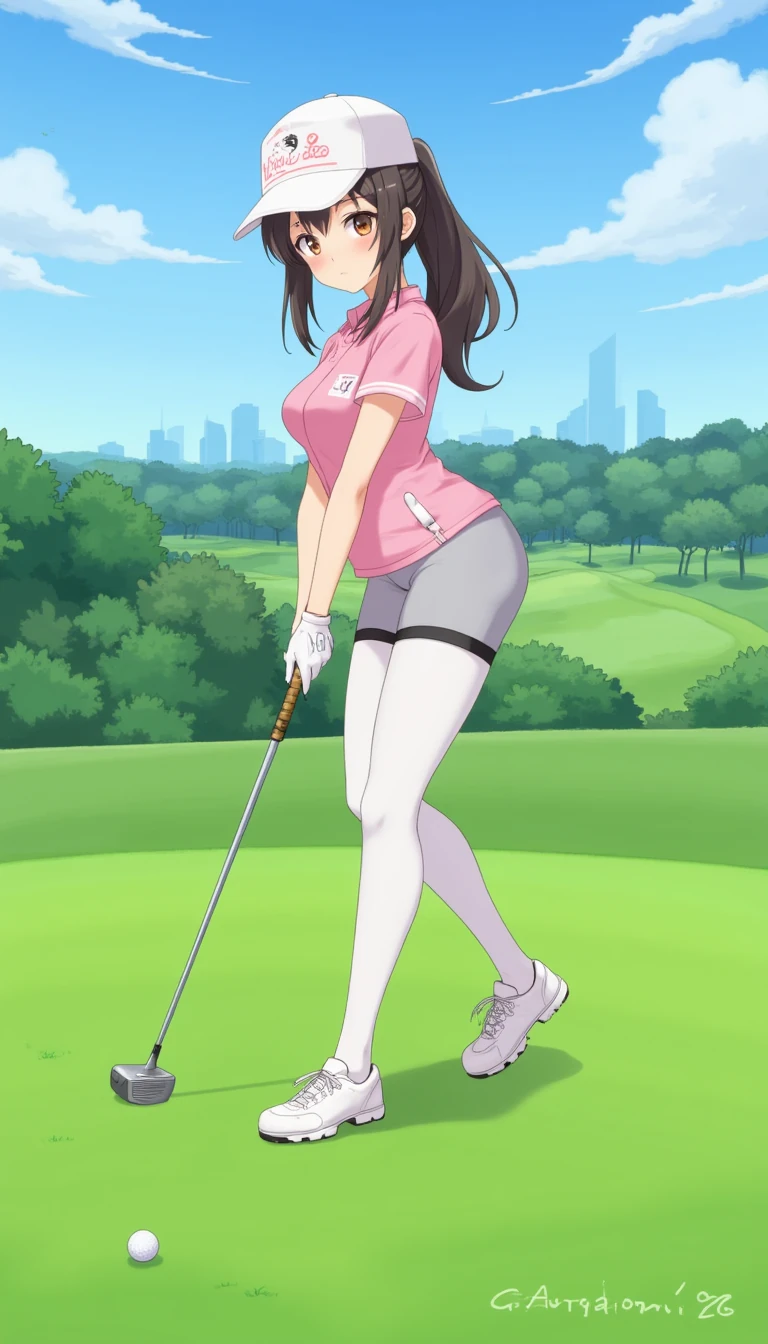 An attractive anime girl in tight golf attire playing a shot with a putter on a green at the Montgomery golf course in Dubai