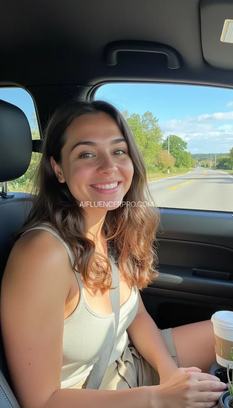 boring low quality snapchat photo circa 2015, A young woman with a warm smile, sitting in the driver's seat of a cozy car topless. She has soft, wavy brown hair cascading past her shoulders. The sunlight streams through the window, casting a gentle glow on her face. The interior of the car is neat and comfortable, with a coffee cup in the cup holder and a small plant on the dashboard. The background outside the window shows a scenic road lined with trees and blue skies