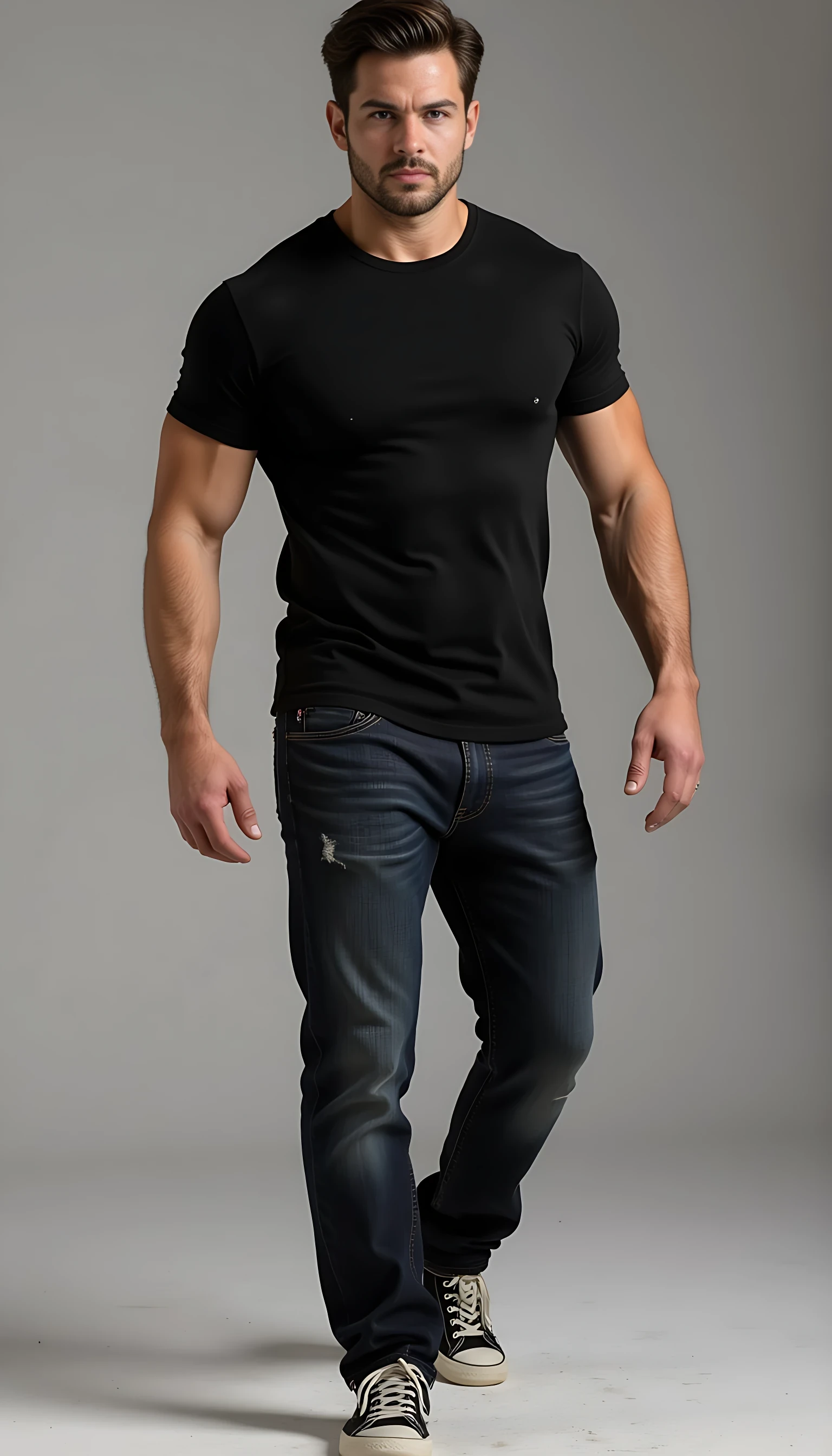 Create a character who exudes a commanding yet effortlessly relaxed presence. He is a tall, imposing figure standing at approximately 6'3" and weighing around 250 pounds of lean, well-defined muscle. His physique is powerful, with broad shoulders and muscular arms that are accentuated by a fitted black T-shirt. His dark denim jeans hug his thighs, emphasizing his strong, athletic build, and he wears casual tennis shoes that ground his look in an approachable, laid-back style.
His dark brown hair is styled with a modern edge: trimmed shorter on the sides, with longer, tousled strands on top that fall in an intentionally unkempt, "just rolled out of bed" manner, giving him a rugged yet effortlessly attractive appearance. His face is striking, with a straight nose and a chiseled, smooth jawline that occasionally twitches with a subtle tic, hinting at an underlying intensity or restlessness. His most captivating feature is his emerald eyes, so dark they seem to hold secrets, drawing attention with their depth and intensity.
He moves with a confident, unhurried ease, as if he has all the time in the world to reach his destination, exuding a sense of self-assuredness and control. His overall demeanor suggests a blend of strength, mystery, and casual charm, with an air of someone who is both approachable and enigmatic, leaving others curious about the story behind his piercing gaze and relaxed stride.