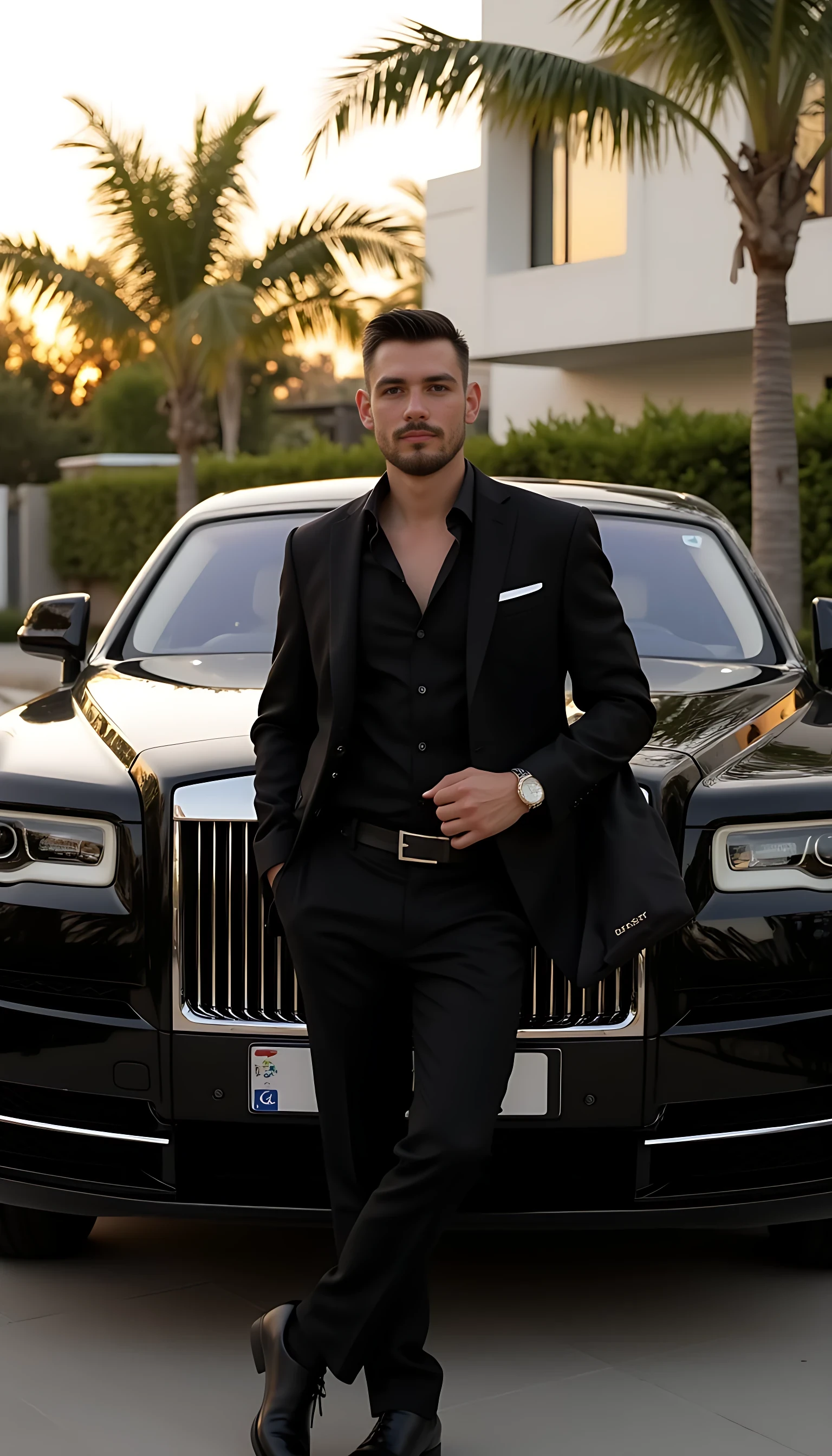 "A highly realistic photo of the same man standing in front of a black Mansory Rolls-Royce Phantom, casually leaning on the car with a relaxed posture.
He wears a well-fitted black suit, open collar shirt, and a subtle gold watch. The lighting is natural golden hour, casting soft shadows on his face. The background shows a modern luxury home with palm trees, clear skies, and warm tones.
The image should look like a candid shot taken with a high-end iPhone camera - clean, authentic, and classy."