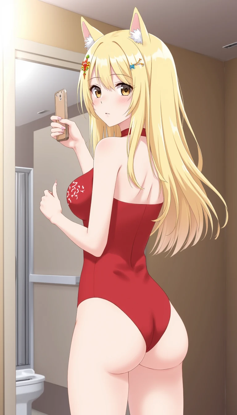 1girl, solo, [long hair], breasts, looking at viewer, blond hair, hair ornament, brown eyes, animal ears, holding, bare shoulders, underwear, jewelry, panties, standing, ass, cowboy shot, big breasts, thighs, parted lips, sleeveless, choker, teeth, looking back, indoors, hand up, from behind, nail polish, lips, from side, leotard, fingernails, dutch angle, bare arms, eyelashes, makeup, watermark, fake animal ears, highleg, phone, lipstick, cellphone, no pants, smartphone, reflection, eyeshadow, pink nails, thong, long fingernails, highleg leotard, holding phone, pink lips, mirror, nose, photo (medium), red lips, selfie, eyeliner, red leotard, tight, bathroom, twisted torso, thong leotard, taking picture, mascara, fingers