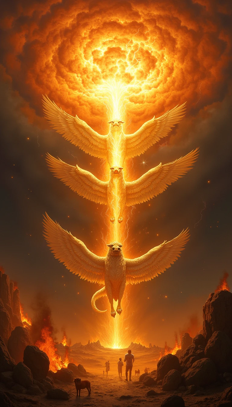 Make me a painting of this "I looked, and I saw a windstorm coming out of the north—an immense cloud with flashing lightning and surrounded by brilliant light. The center of the fire looked like glowing metal, and in the fire was what looked like four living creatures. In appearance their form was human, but each of them had four faces and four wings. Their legs were straight; their feet were like those of a calf and gleamed like burnished bronze. Under their wings on their four sides they had human hands. All four of them had faces and wings, and the wings of one touched the wings of another. Each one went straight ahead; they did not turn as they moved.
Their faces looked like this: Each of the four had the face of a human being, and on the right side each had the face of a lion, and on the left the face of an ox; each also had the face of an eagle. Such were their faces. They each had two wings spreading out upward, each wing touching that of the creature on either side; and each had two other wings covering its body. Each one went straight ahead. Wherever the spirit would go, they would go, without turning as they went. The appearance of the living creatures was like burning coals of fire or like torches. Fire moved back and forth among the creatures; it was bright, and lightning flashed out of it. The creatures sped back and forth like flashes of lightning."
