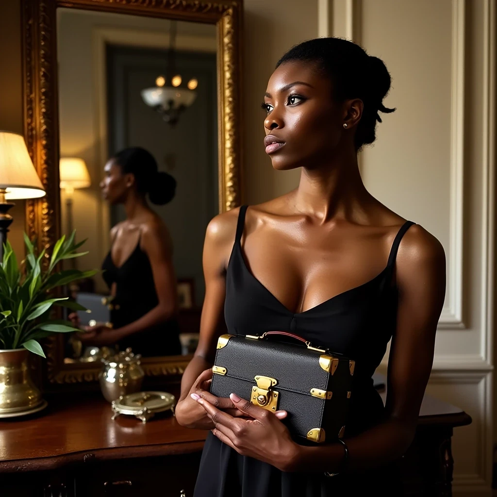 Louis Vuitton Petite Malle
Shot on Sony A1, 90mm macro, ISO 200, 1/160 sec. Model in black evening wear holding signature trunk bag. Profile shot emphasizing jawline and collar bones. Environment: Parisian apartment, antique mirrors creating multiple reflections. Light olive brown skin perfectly balanced against bag's metallic hardware. Lighting: Soft key light through 4x6 silk + mirror reflections as fill.
 CSTMDL