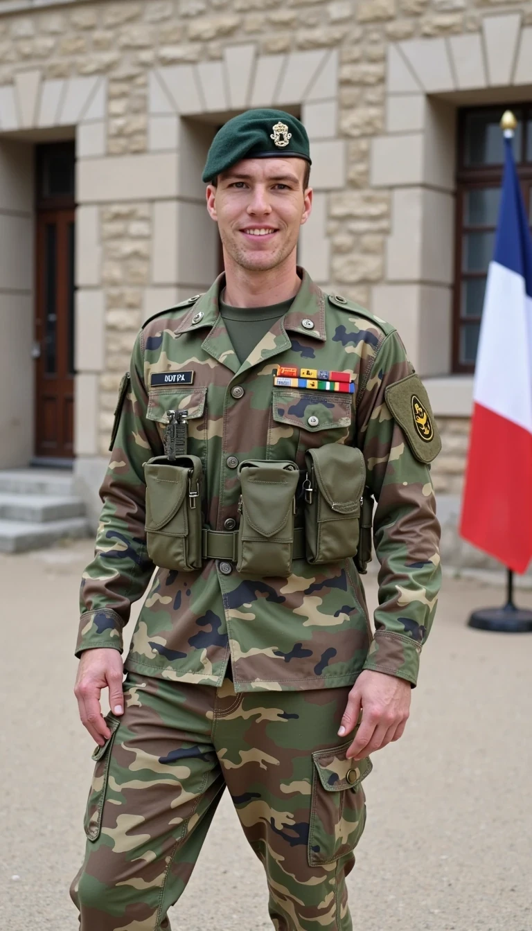 Wearing the French foreign legion military camo uniform standing outside a military barracks with the French flag on a wall, smiling and posing, skinny built