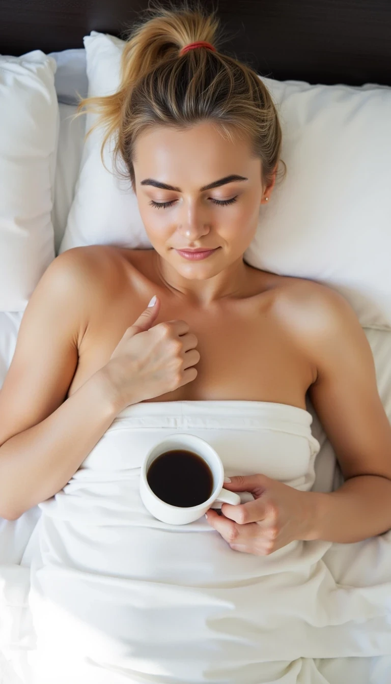 CSTMDL Mia. A fair-skinned young woman in her 20s with a blonde high ponytail and an athletic, feminine build. She lies in bed on her side, partially covered by soft white bedsheets. Her posture is relaxed and sleepy. She holds a coffee mug loosely in one hand near her chest. The light is soft and natural, morning atmosphere. Her expression is tired but calm, eyes half open, no smile, no eye contact with the camera.
