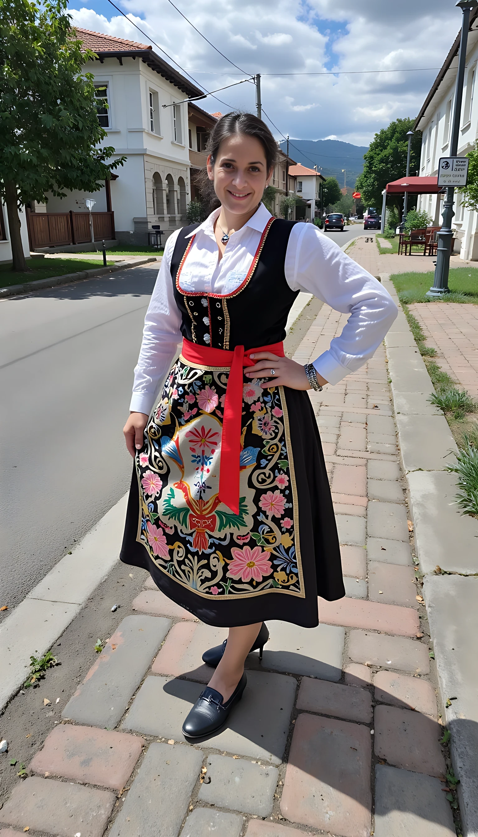 photo of brunette woman CSTMDL mature, small puffy saggy tits in czech national costume i the street carvival