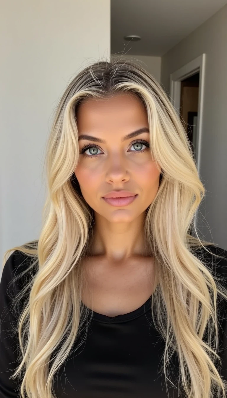 iphone portrait of CSTMDL woman in her room blonde hair smiling