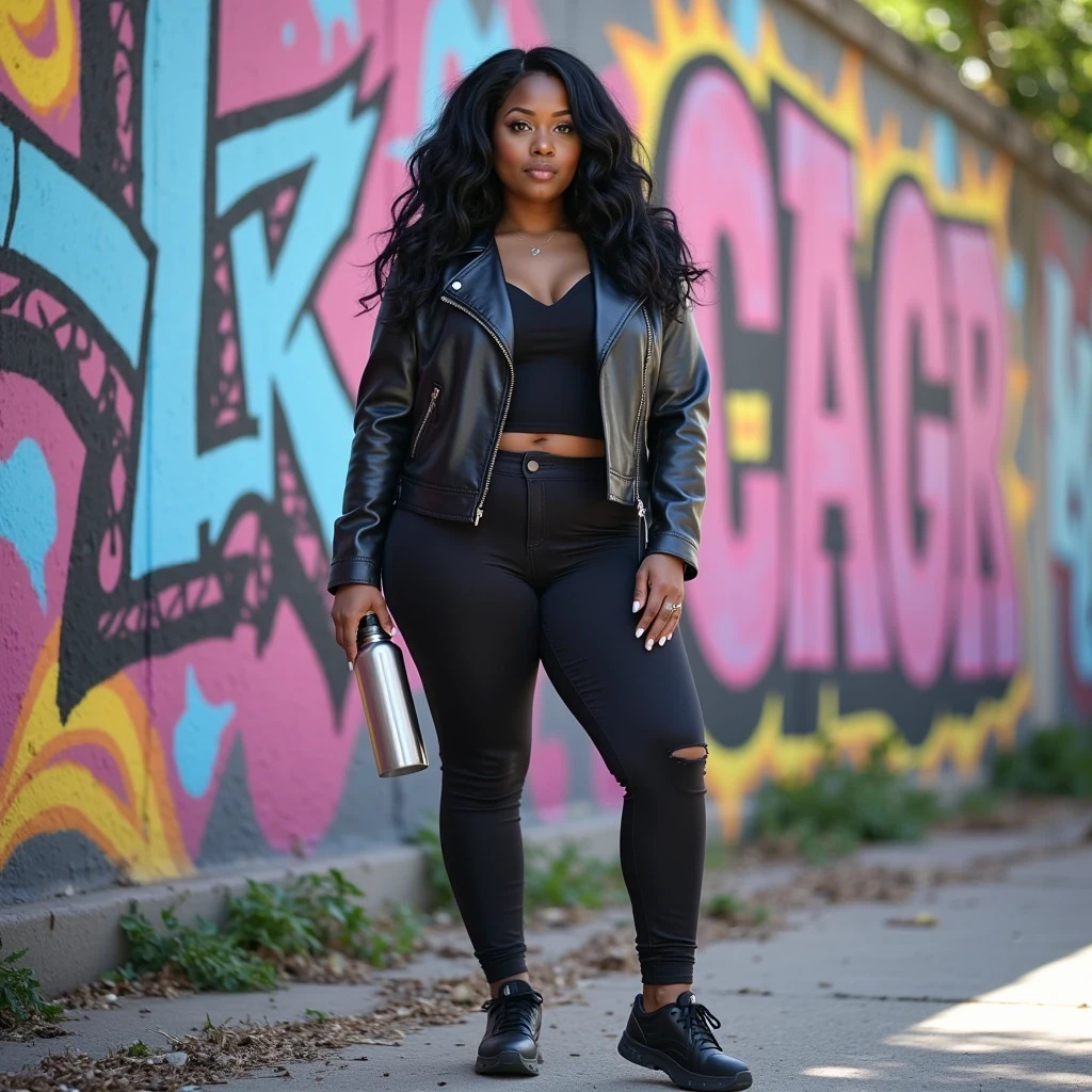 Full body shot of CSTMDL standing in front of a vibrant graffiti wall, wearing a black leather jacket and sneakers, holding an unmarked silver water bottle, with colorful urban energy all around. Her usal dark hair is in light ringlet curls.


Shot as if on a Canon EOS R5 with a 50mm f/1.2L lens, ISO 100, f/2.8, 1/125 shutter speed, enhanced by natural daylight and a softbox for glowing, lifelike lighting.

She has deep brown almond-shaped eyes and long, wavy black hair flowing over her shoulders styled in loose pigtails. Her figure is curvy and feminine, with a confident presence. She has large breasts and a big butt. Her fingernails feature a mid-length squared white French manicure, and her toenails are polished in a matching French pedicure.