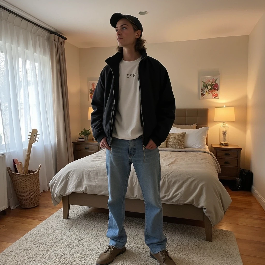 full outfit with singlet and jeans, pictured in their bedroom