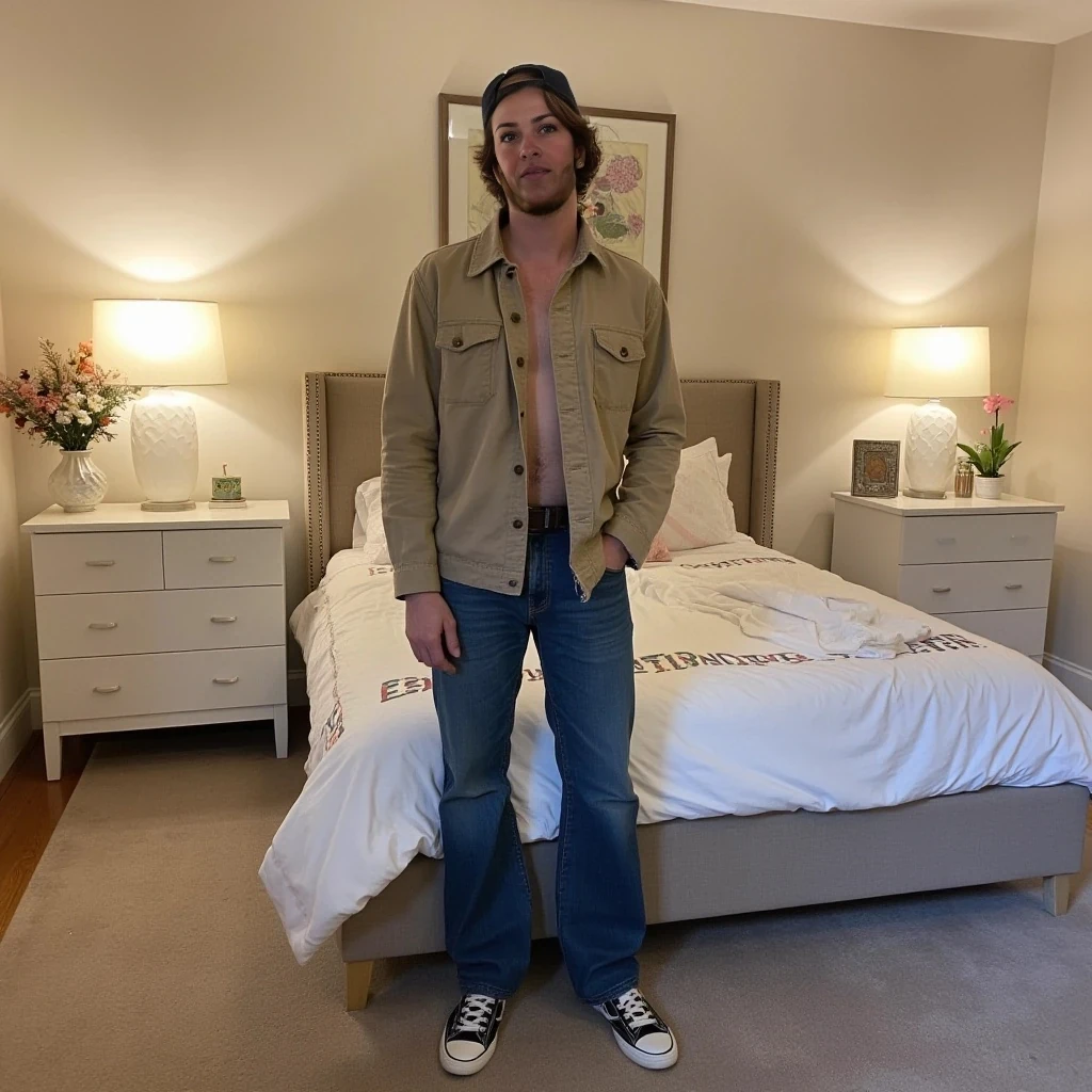full outfit with singlet and jeans, pictured in their bedroom