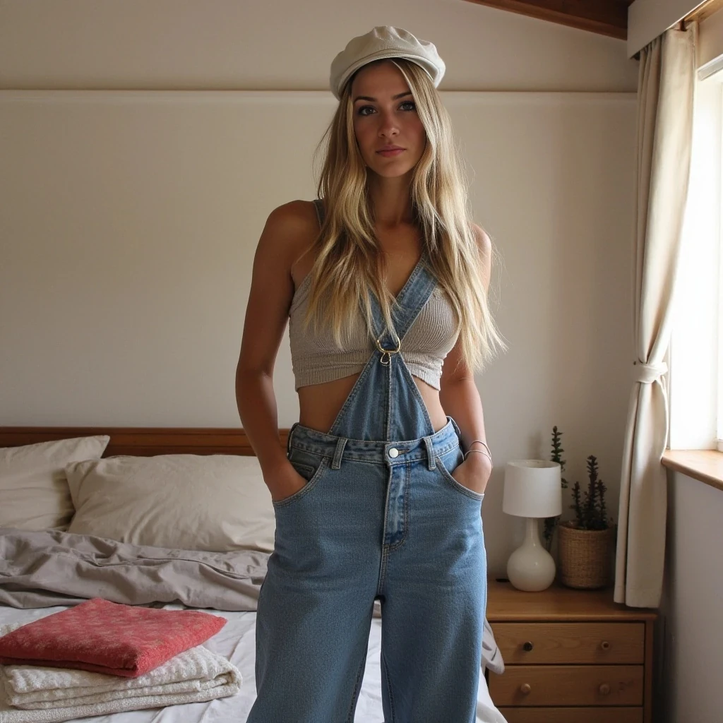 full outfit with singlet and jeans, pictured in their bedroom