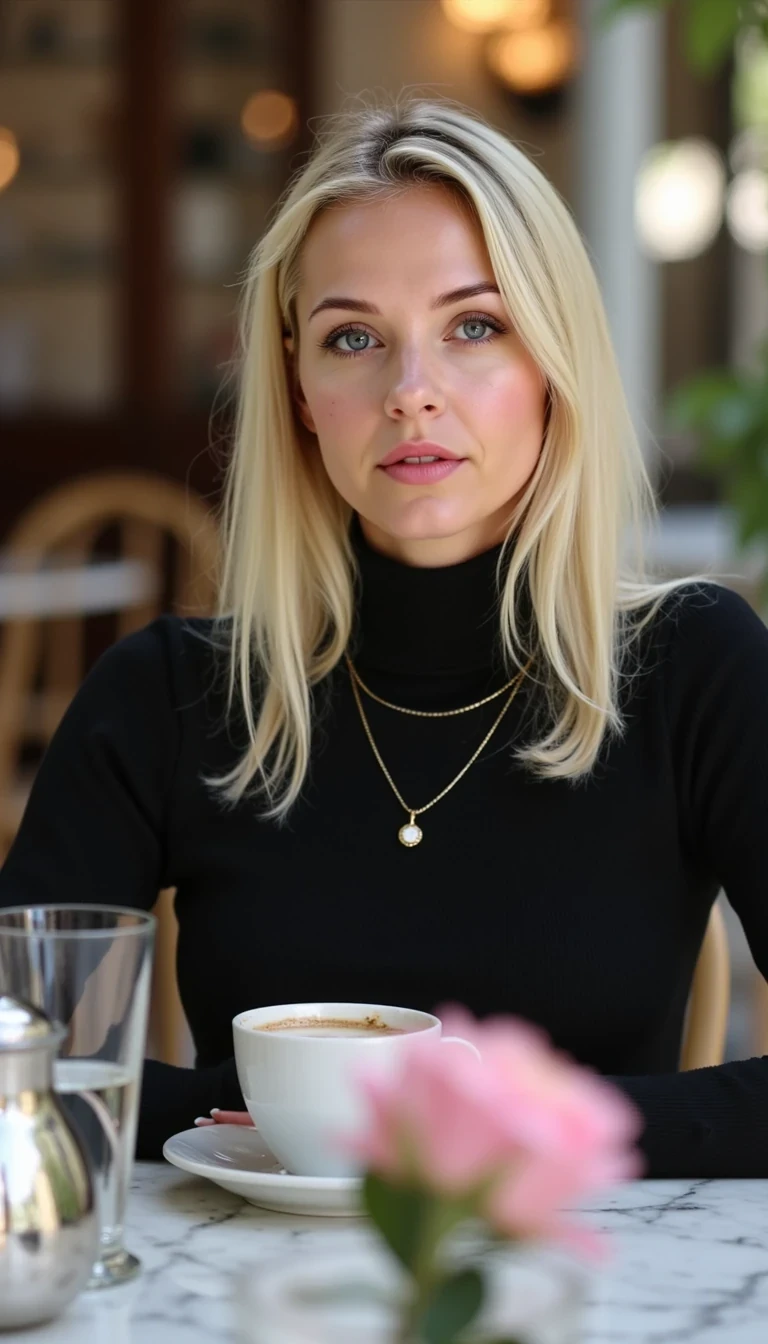 Ultra-realistic portrait of a young blonde woman sitting at a café table, holding a white coffee cup in her hand. She has straight, shoulder-length platinum blonde hair parted in the middle, fair skin with natural freckles across her cheeks and nose, and striking blue eyes. She is wearing a fitted black turtleneck sweater and two delicate gold necklaces, one with a small pendant. The background shows a cozy café interior with marble elements, blurred chairs, and soft warm lighting. On the table in front of her are a glass, a teapot, and a vase with a pink rose in the foreground, slightly out of focus. The atmosphere is elegant, intimate, and natural, with soft daylight enhancing her features. Photorealistic, high detail, cinematic, 8k, shallow depth of field, bokeh effect.
CSTMDL