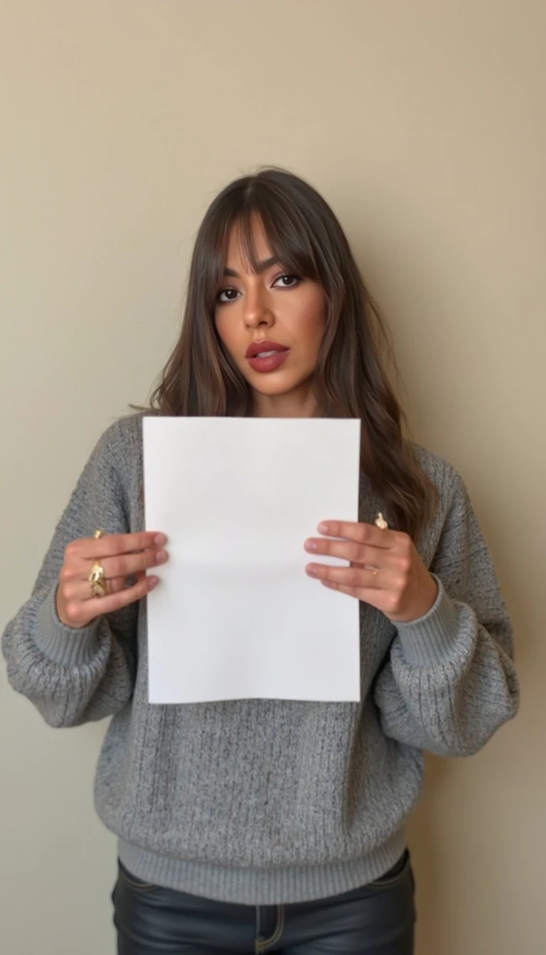 photo of woman CSTMDL, holding a piece of white paper, wall background, natural lighting, boring low quality snapchat photo circa 2015, selfie, cute woman, long sleeve clothes, full upper body photo