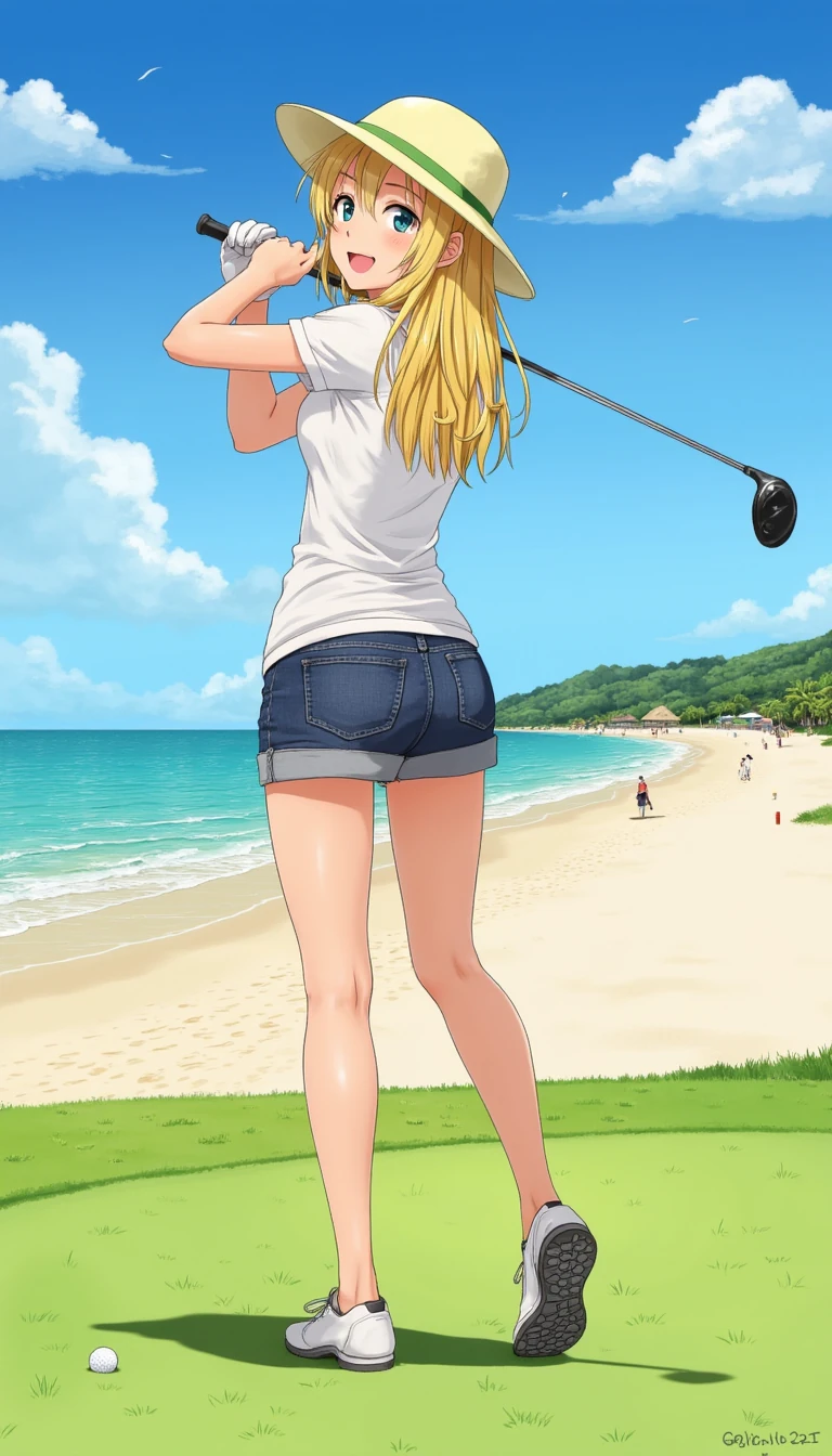 Anime attraction blonde girl in her twenties playing golf on a beach course. 