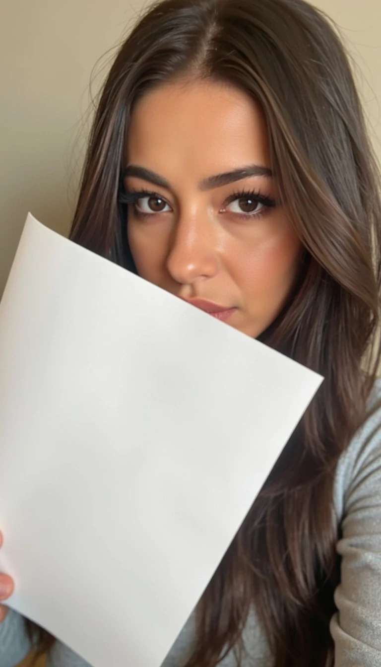 photo of woman CSTMDL, holding a piece of white paper, wall background, natural lighting, boring low quality snapchat photo circa 2015, selfie, cute woman, long sleeve clothes, full upper body photo