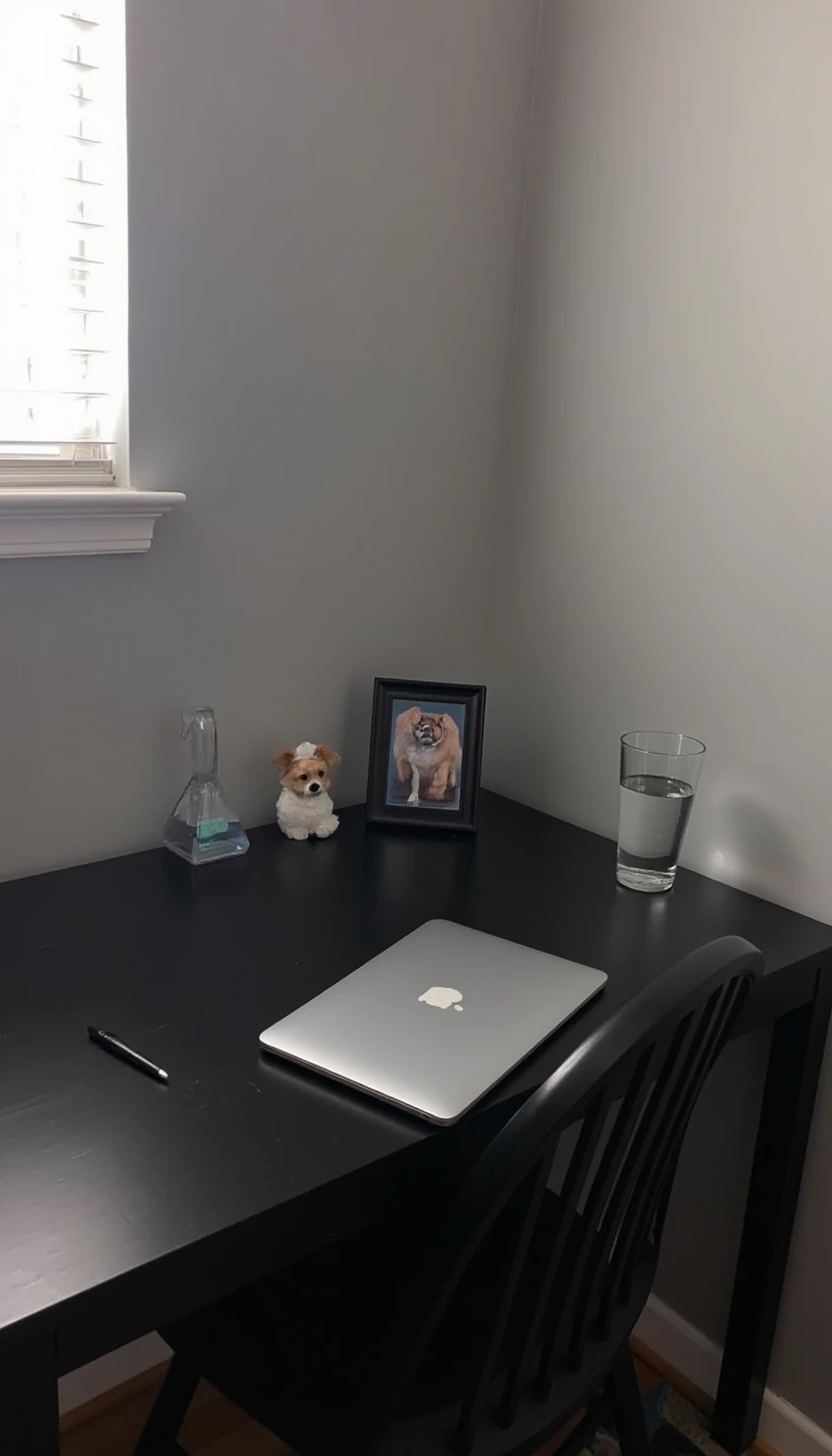 boring low quality snapchat photo circa 2015, this picture is being taken of a black desk in the corner of a room touching the grey walls to the right of the desk and behind the desk. The desk has an all black pen, a macbook air, a picture of a dog and a glass of water on it. 