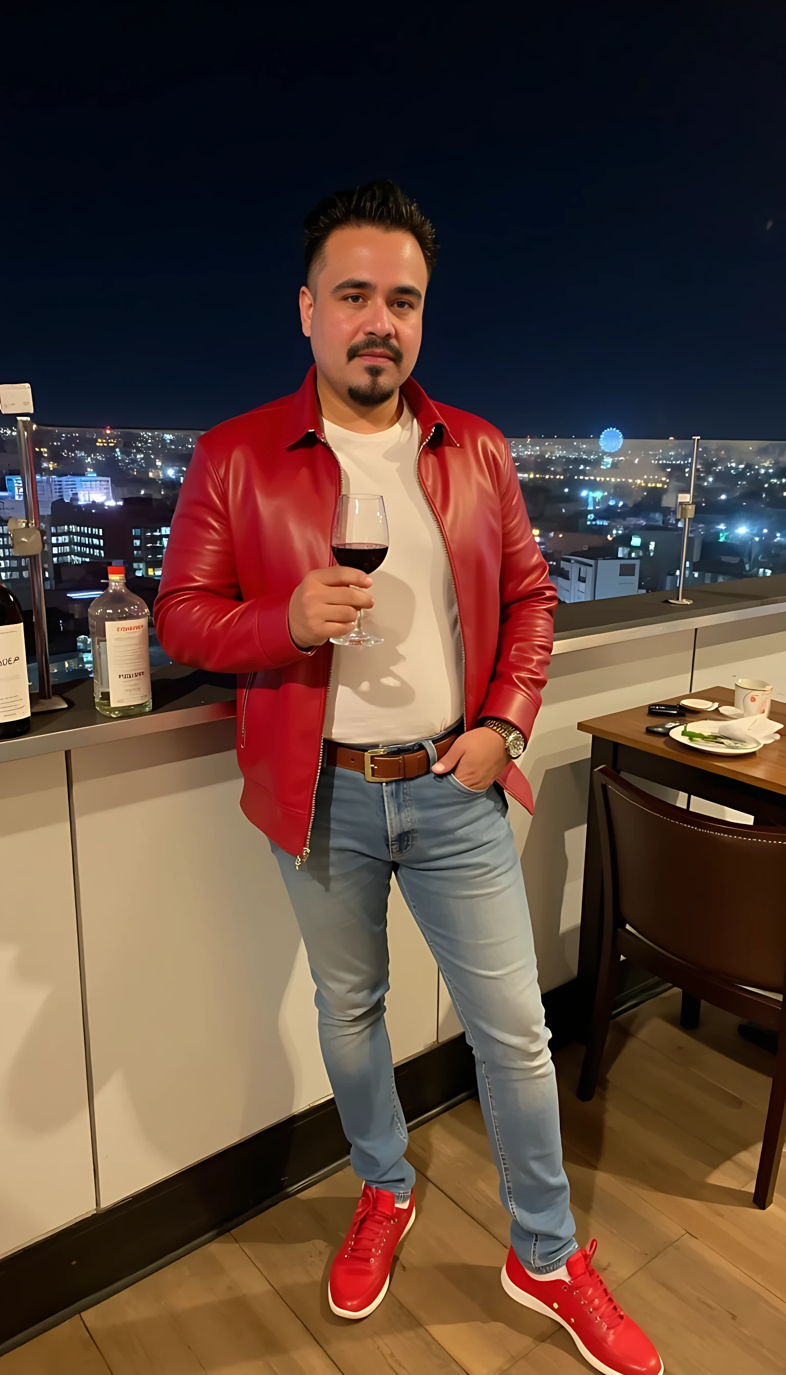  CSTMDL Man body wearing light blue jeans  a H belt and a red Ferrari leather jacket red tenis shoes wearing a rolex watch standing on a nice restaurant  with a glass of wine on a rooftop city night lights  clear background 