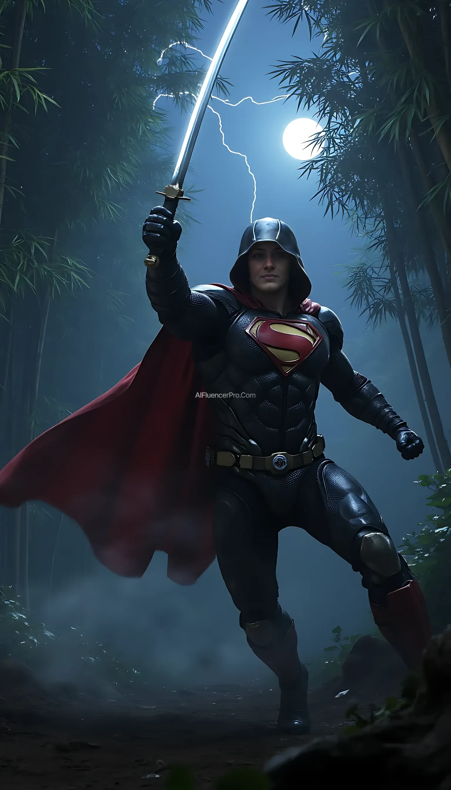 A photorealistic Superman wearing a modified ninja-inspired suit, poised to strike in an aggressive attacking pose. The suit is sleek and metallic, seamlessly merging robotic elements with armor plating. He dons a traditional ninja hooded cloak, enhancing his aura of precision and strength. In his hand, he wields an electrifying katana. The iconic 'S' symbol on his chest. The scene is set in a misty bamboo forest at night, where moonlight pierces through the dense foliage, casting sharp contrasts of light and shadow. A distant thunderstorm flashes faint lightning in the horizon, adding to the high-stakes, cinematic atmosphere. Superman lunges forward, his cape rippling as he becomes a striking figure in this otherworldly, dramatic setting.