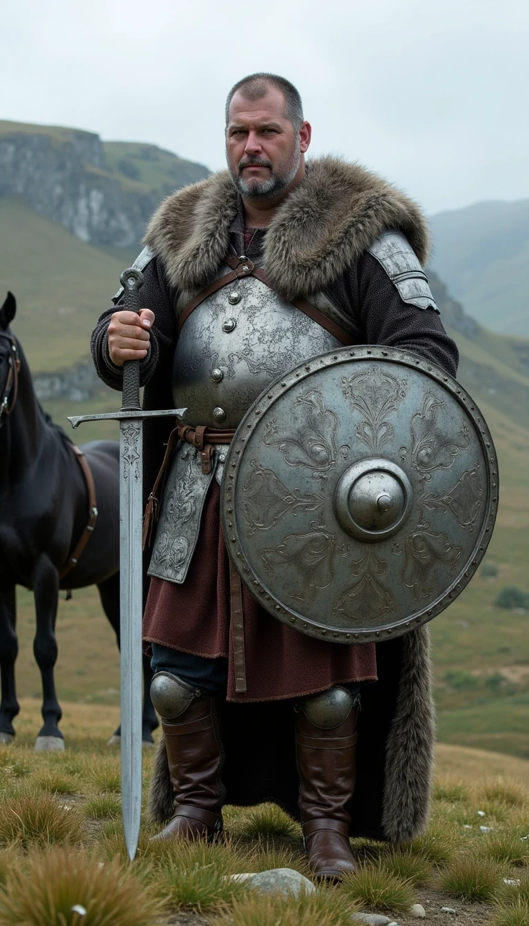 CSTMDL as grey bearded Viking with a viking sword and stylish viking silver shiny Plate armour , standing in warpose on the grassy hill , a Black Horse stand on his left side and he hold the viking sword forward with the left hand,  in his right hand he hold a typically fine ornated metal Viking shield 
