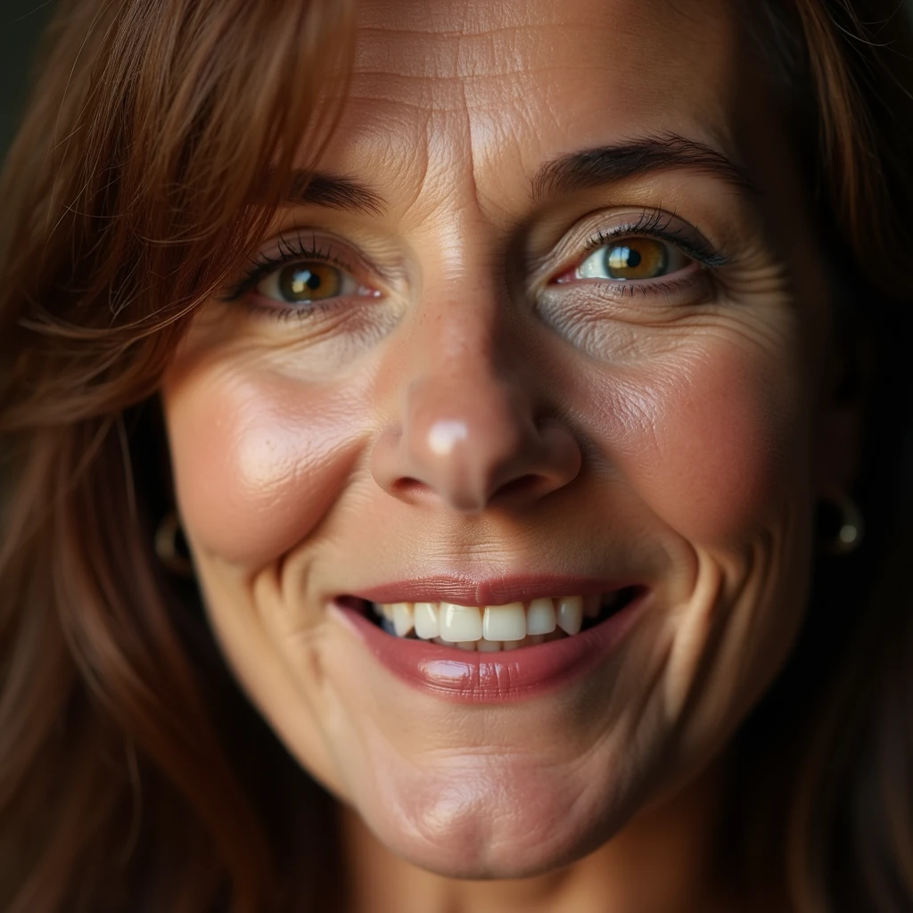 score_9, extreme close-up portrait of a mature woman with a soft round face, hazel eyes, glossy lips, smooth skin with faint smile lines, chestnut hair framing face, cinematic studio lighting