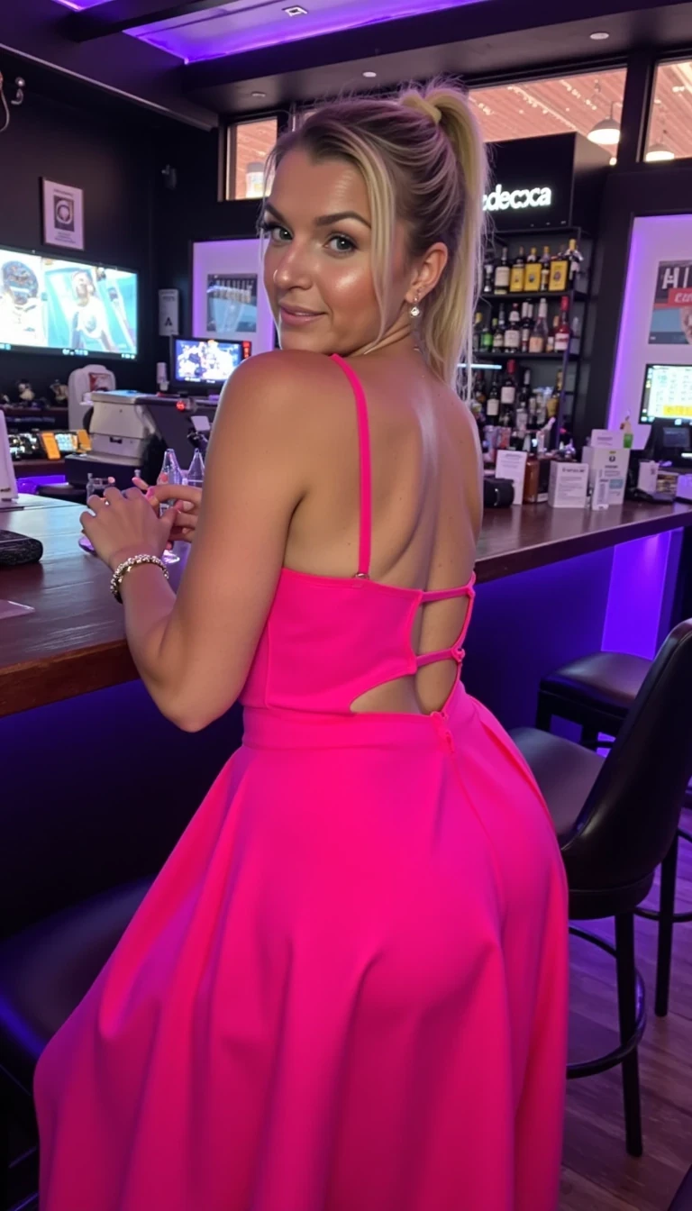 Snapchat-style selfie of a blonde bombshell in a neon pink dress standing in a bar CSTMDL 







