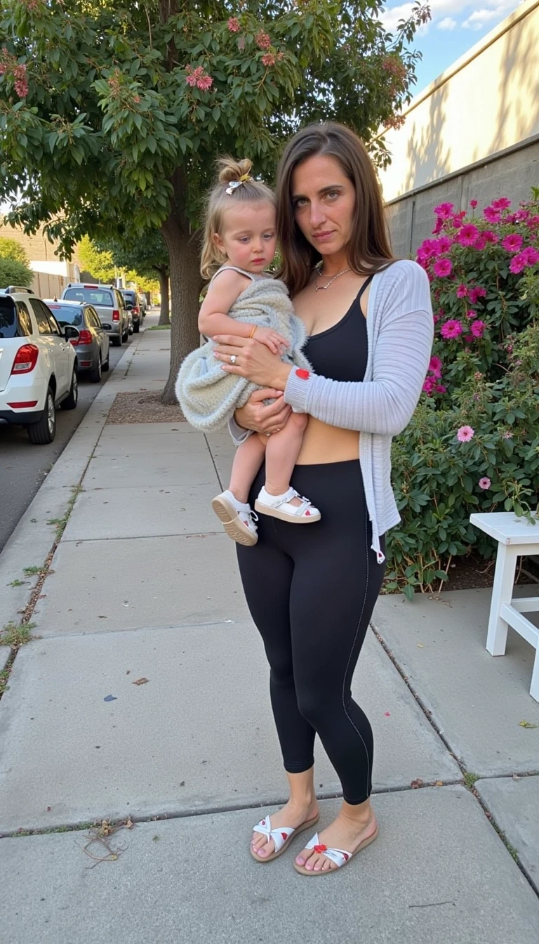 CSTMDL, brown hair, super fit body…this stunner is going about her day. Grocery store, bank, office. Keep outfit in style of ‘trendy cute mom