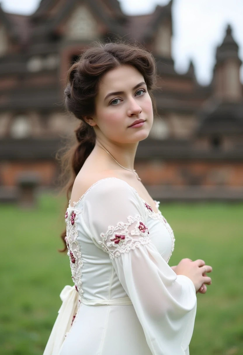 woman CSTMDL, photo ((medium)), brunette, blue eyes, cold smile, 1900 covering white dress, small pendant, tied hair, big breast, thin waist, cambodian khmer ruins in background