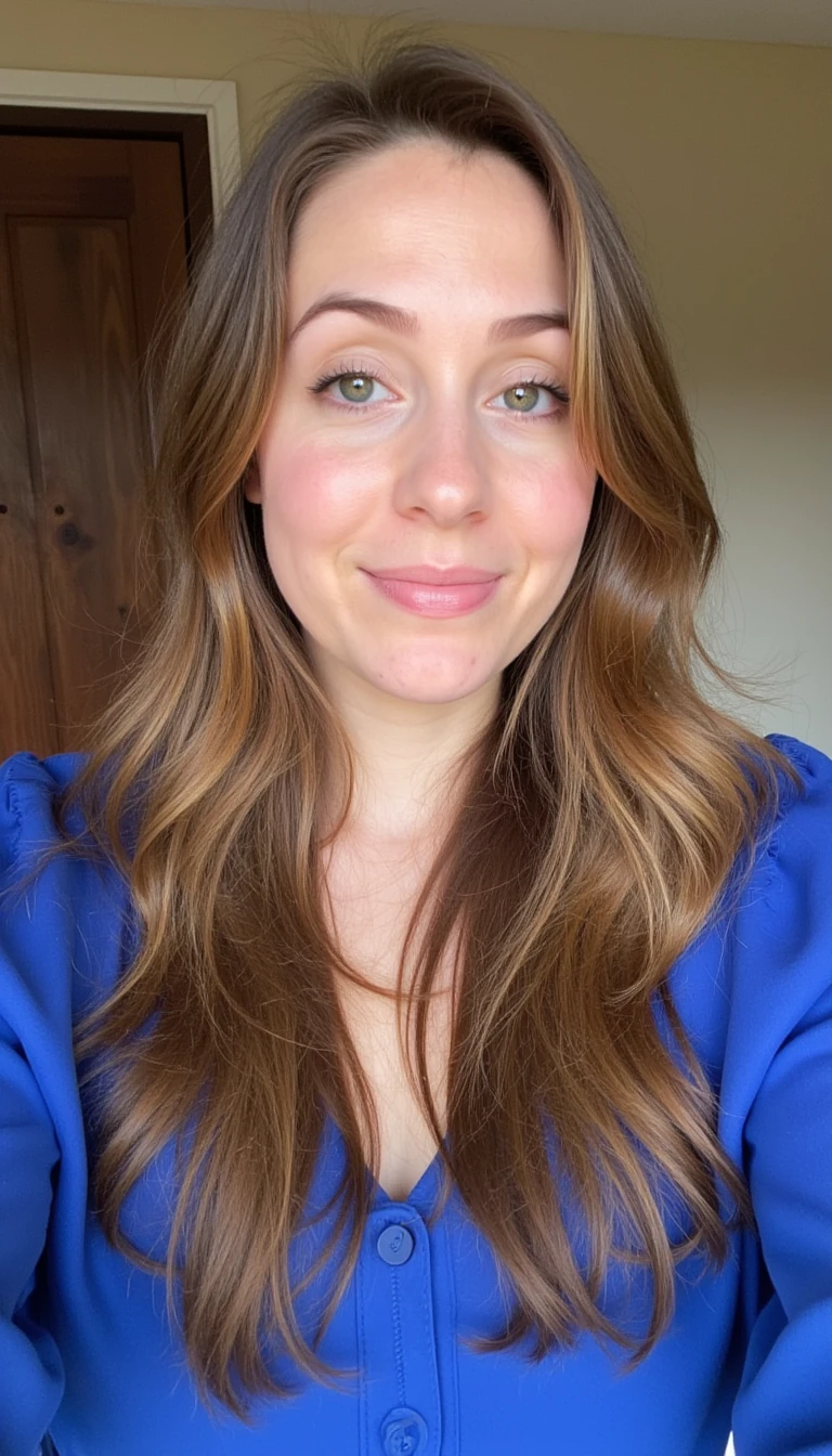 boring low quality snapchat photo circa 2015, finance girl, girl next door, half Dutch half British, light brown hair, blue blouse