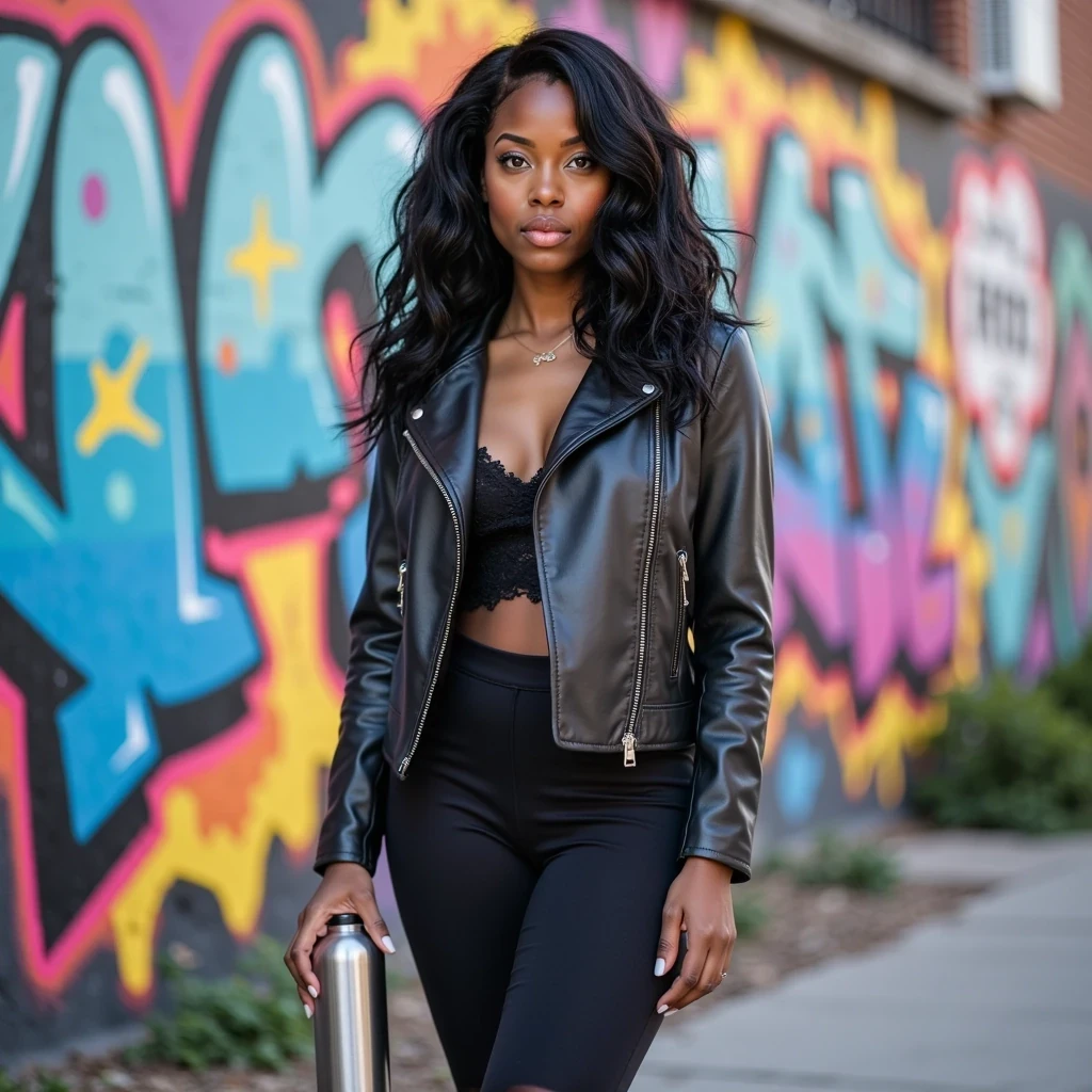 Full body shot of CSTMDL standing in front of a vibrant graffiti wall, wearing a black leather jacket and sneakers, holding an unmarked silver water bottle, with colorful urban energy all around. Her usal dark hair is in light ringlet curls.


Shot as if on a Canon EOS R5 with a 50mm f/1.2L lens, ISO 100, f/2.8, 1/125 shutter speed, enhanced by natural daylight and a softbox for glowing, lifelike lighting.

She has deep brown almond-shaped eyes and long, wavy black hair flowing over her shoulders styled in loose pigtails. Her figure is curvy and feminine, with a confident presence. She has large breasts and a big butt. Her fingernails feature a mid-length squared white French manicure, and her toenails are polished in a matching French pedicure.