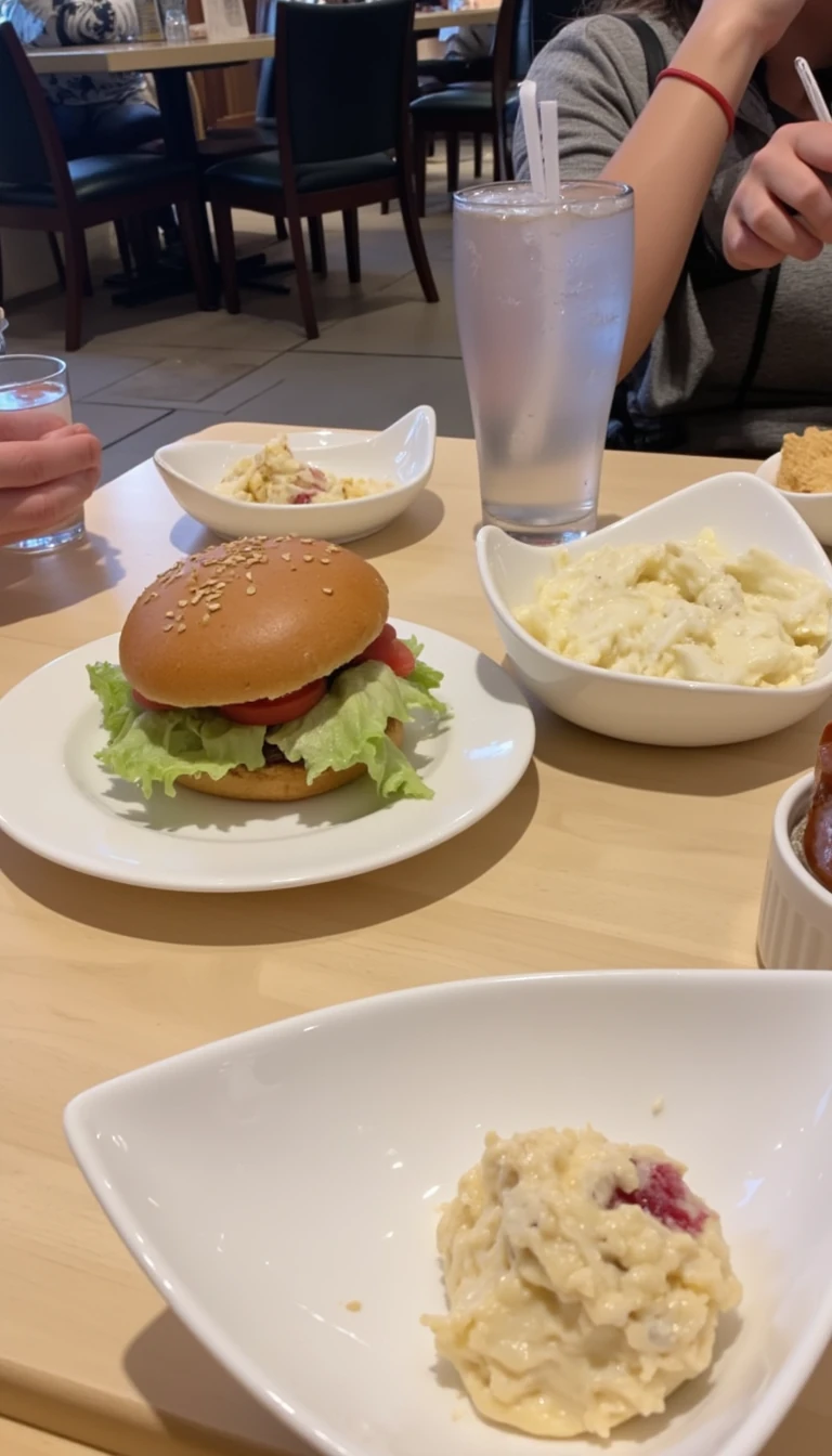 boring low quality snapchat photo circa 2015, this picture is being taken in a restaurant. The picture is of sandwich with a glass of water next to it. There are other food dishes and drink glasses on the table as well.  All the food dishes are white.