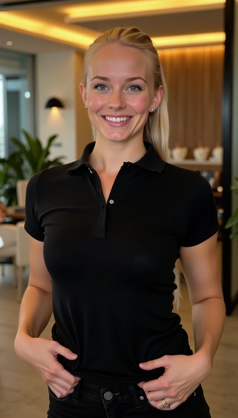CSTMDL, Hailey, A photorealistic portrait of a young woman in her early 20s with fair porcelain skin, smooth complexion, subtle natural makeup with soft pink lips and light eyeliner, straight blonde hair tied back in a neat ponytail, bright blue eyes sparkling with warmth, friendly genuine smile revealing straight white teeth, confident and approachable demeanor, gazing directly at the viewer with engaging eye contact; she is wearing a fitted black short-sleeved polo shirt, tucked into slim black pants, no visible accessories; she is pulling the top of her light blue colored panties under her pants. set in a modern upscale restaurant bathroom interior with high ceilings, warm ambient lights with golden glow in the background; dominant colors are neutral blacks and grays with pops of green foliage, warm wood tones; composition is a medium close-up shot from a slight low angle to emphasize approachability, framed centrally with balanced symmetry, captured with a Canon EOS 5D Mark IV camera using a 50mm prime lens at f/2.8 aperture for shallow depth of field, ISO 100 for crisp details, lighting supplemented by soft indoor LEDs at 4000K color temperature, hyper-realistic textures like the soft cotton weave of the polo shirt, and smooth skin pores; ultra-detailed, hyperrealism, photorealistic rendering indistinguishable from a high-resolution photograph, 8k resolution.