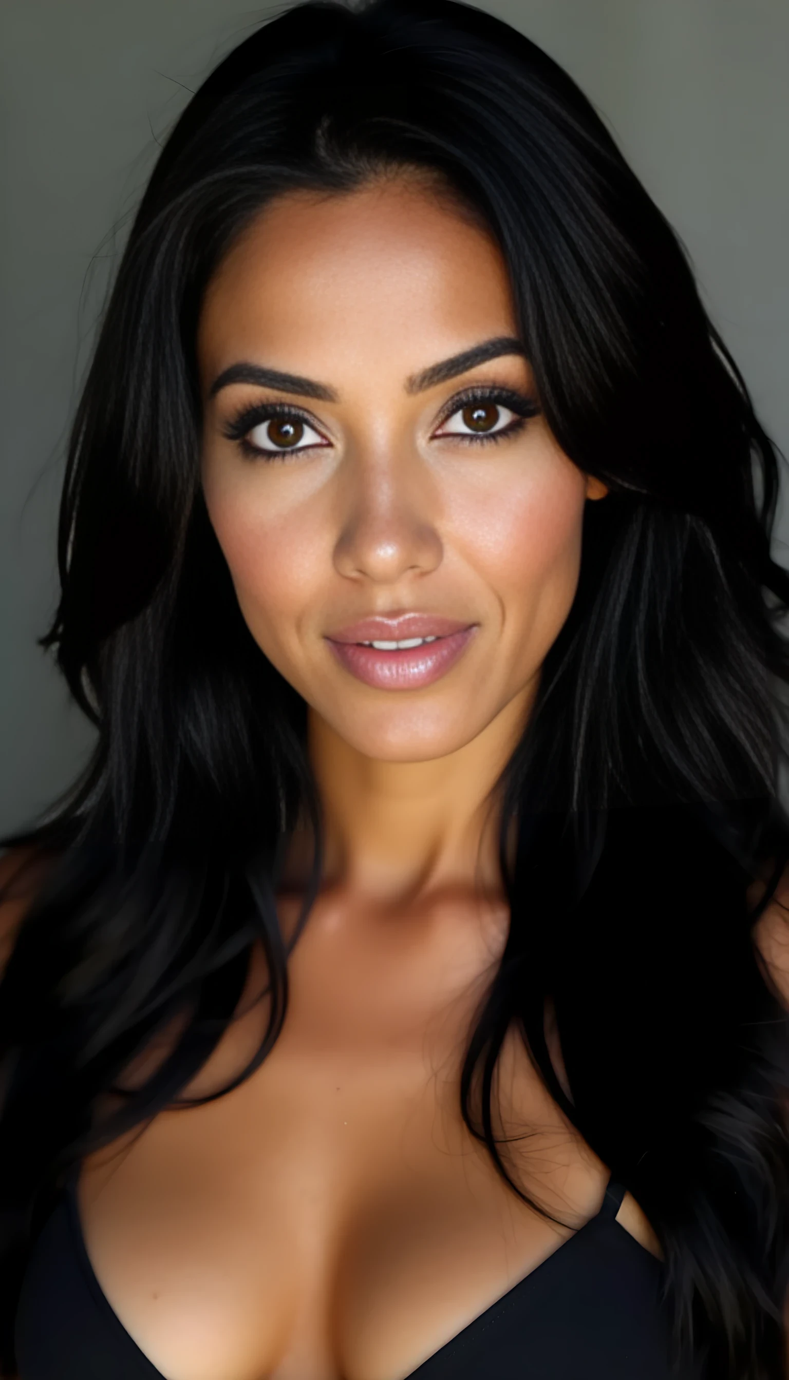 A portrait photo of a beautiful 43 years old model, mixed ethnicity of half white American half Brazilian, with jet black hair, deep brown eyes, ultra detailed eyes with sharp iris reflections, slight smile, studio-quality, extremely realistic HD
