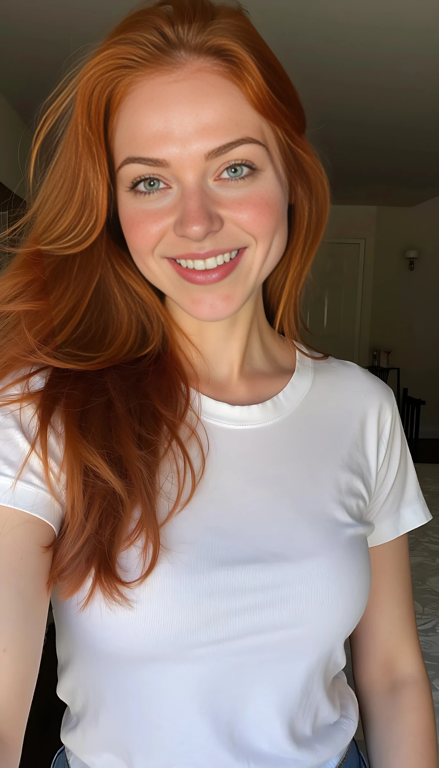 boring low quality snapchat photo circa 2015, photo of a breathtaking 26-year-old woman with long wavy deep red hair cascading down her back and over one shoulder. her porcelain skin is lightly dotted with natural freckles, especially across her chest and collarbones. she has striking emerald green eyes, full glossy lips, a delicate nose, soft cheekbones, and a symmetrical face with a gentle jawline. she’s taking a standing mirror selfie in a snug white T-shirt that hugs her large breasts, the fabric lightly stretched across her chest with just a hint of cleavage showing at the neckline. she’s wearing high-waisted jeans and tousling her hair with her free hand. her face has a half-smile and arched brow, like she knows exactly what she’s doing. the background is a softly lit bedroom.