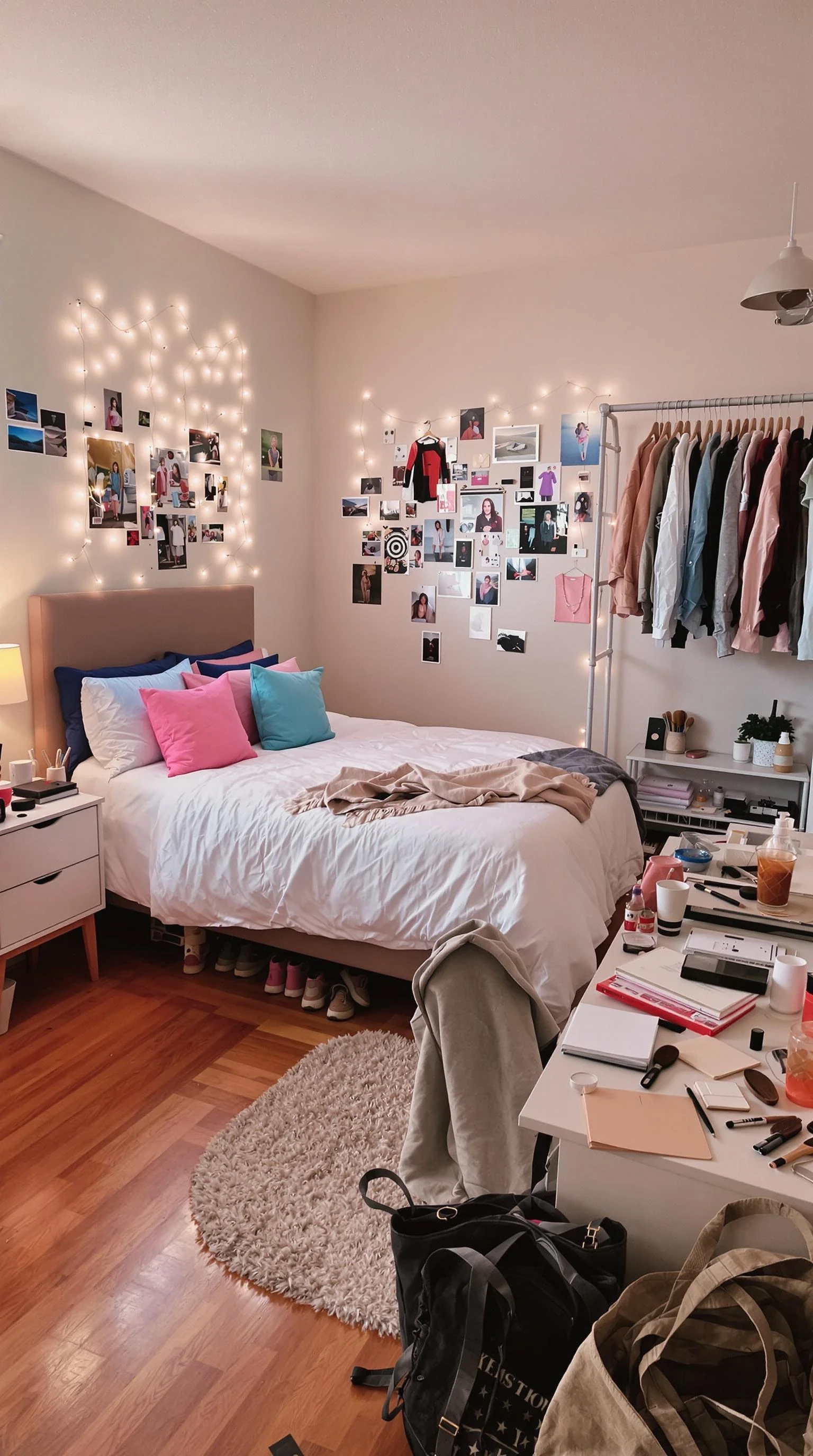 Slightly untidy bedroom belonging to an 18-year-old girl in the U.S., viewed from a natural, low eye-level angle — approximately at waist or belly-button height. The room is softly lit with natural daylight coming through sheer curtains. A full-size bed sits against a pastel-toned wall, dressed in a white duvet with a few colorful throw pillows and a casually tossed blanket. The wall above the bed features a collage of magazine clippings, Polaroids, and fairy lights, giving the space a personal and expressive feel. One side of the room features a clear, open area with neatly kept hardwood or carpeted flooring, next to a clothing rack displaying curated outfits and shoes organized beneath it. A small nightstand holds a lamp, an iced coffee cup, a phone charger, and scattered makeup items. In another corner, a desk or vanity is slightly cluttered with notebooks, skincare products, a hairbrush, and jewelry. A hoodie is slung over a desk chair, and an open tote bag or backpack lies on the floor with a few papers peeking out. The overall room feels warm, creative, lived-in, and expressive — a space meant for both comfort and personal style. The composition suggests both functionality and personality, with an open layout that allows for natural movement and presence in the center of the room.