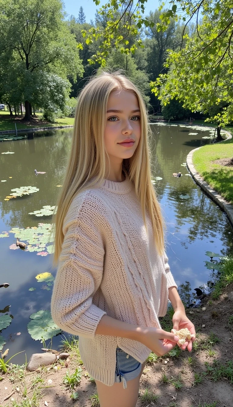 photo of woman CSTMDL, she has long blonde straight hair, very light blue eyes and fair skin. plump pink lips with a slight tint of red. she is smiling, looking away from the camera. she is a baby faced woman with striking light blue eyes and very fair skin and barely noticeable freckles and silky extremely light blonde hair. She wears minimal makeup, with subtle mascara accentuating her long lashes and a natural red gloss on her lips while smiling 
A cute girl with very light blonde, pin-straight hair stands at the edge of a tranquil pond, surrounded by the soft colors of nature. Her hair falls neatly down her back, catching glints of sunlight that make it almost shimmer like gold. She’s wearing a light pastel sweater and denim shorts, dressed casually but neatly, with a peaceful air about her.

In her hands, she gently crumbles bits of bread or bird feed, tossing them into the water with care. A group of ducks paddle eagerly toward her, rippling the surface of the calm water as they go. Some flap their wings gently or dip their beaks under the surface, while others already cluster near the shore, waiting for more.

The pond reflects the soft blue of the sky and the surrounding greenery, with patches of reeds and lily pads decorating the water’s edge. Sunlight filters through the trees above, casting dappled patterns on the girl and the ducks.

Her expression is calm and gentle, maybe even smiling slightly—completely absorbed in the moment. The whole scene gives off a serene, storybook-like feel, as if time has slowed just for this quiet interaction between girl and nature.
