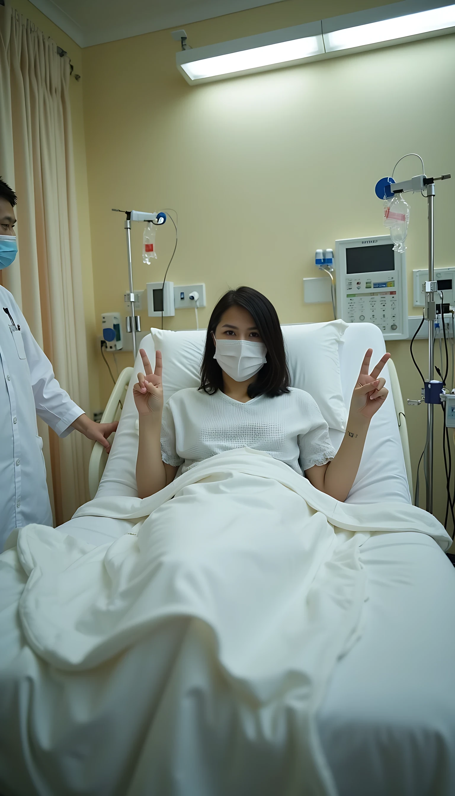 Hyper-realistic hospital scene, a woman in a patient gown lying on a hospital bed, short black hair, wearing a medical mask, confidently making a victory sign; detailed medical equipment including IV drips and monitors surrounding her, a staff nurse in a white uniform and mask standing attentively nearby. Soft natural light illuminating the room, subtle reflections on metallic medical instruments, warm and clean atmosphere, highly detailed textures on skin, fabrics, and equipment; shot from a medium angle to capture the intimate and hopeful interaction, 8K resolution, cinematic lighting, ultra-sharp focus.

