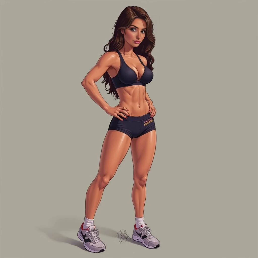 cute woman, hot pants, sneakers, sports bra, brunette hair