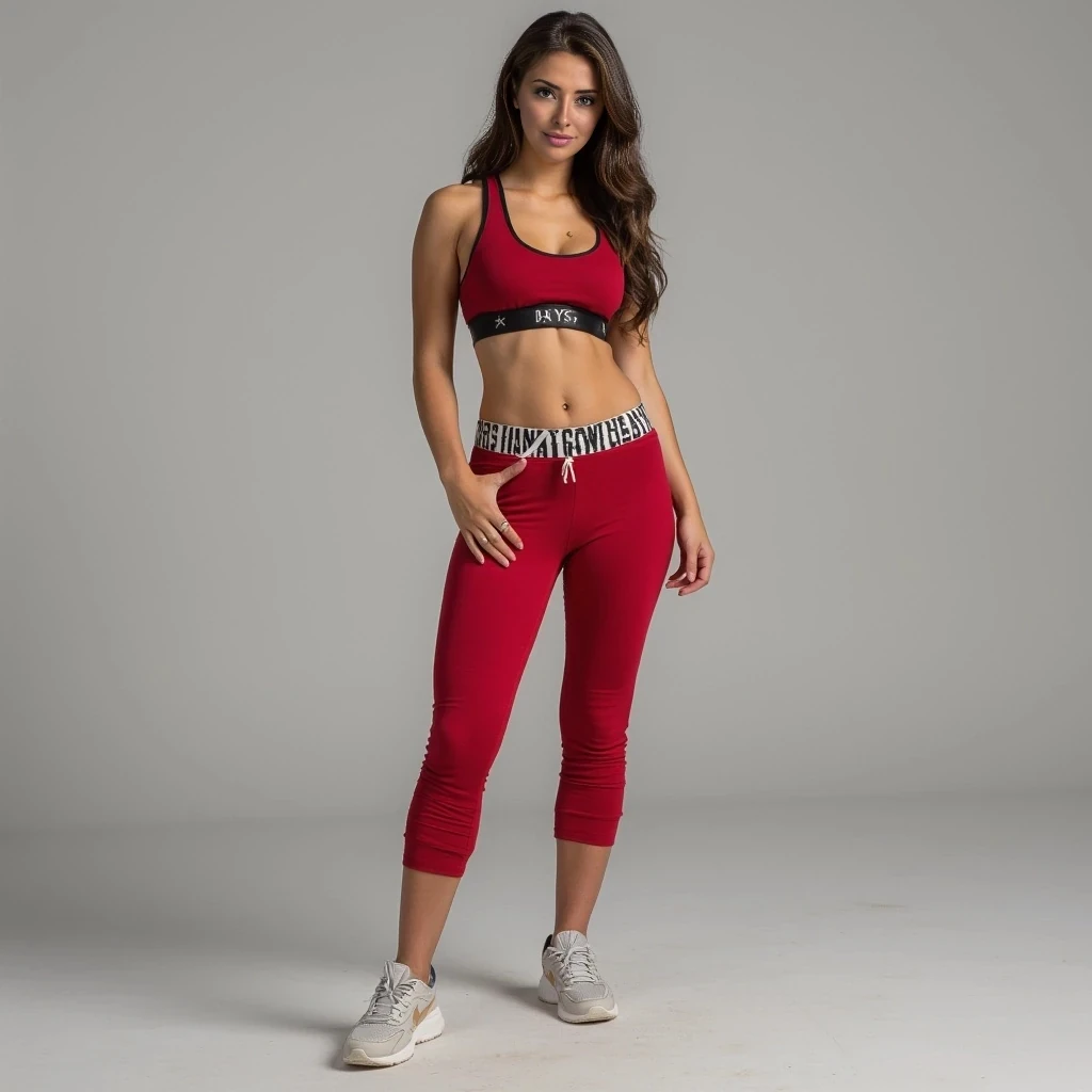 cute woman, hot pants, sneakers, sports bra, brunette hair