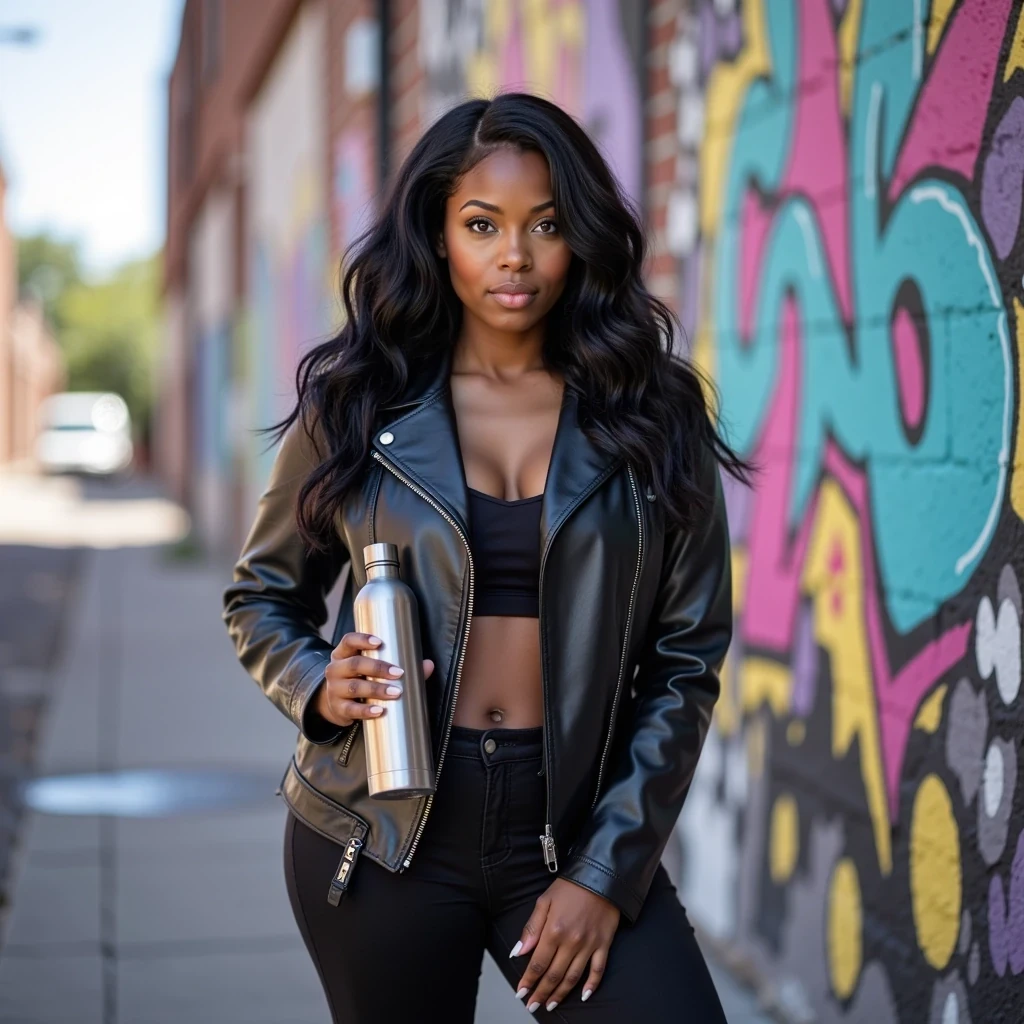 Full body shot of CSTMDL standing in front of a vibrant graffiti wall, wearing a black leather jacket and sneakers, holding an unmarked silver water bottle, with colorful urban energy all around. 


Shot as if on a Canon EOS R5 with a 50mm f/1.2L lens, ISO 100, f/2.8, 1/125 shutter speed, enhanced by natural daylight and a softbox for glowing, lifelike lighting.

She has deep brown almond-shaped eyes and long, wavy black hair flowing over her shoulders styled in light ringlet curls. Her figure is curvy and feminine, with a confident presence. She has large breasts and a big butt. Her fingernails feature a LONG-length squared white French manicure, and her toenails are polished in a matching French pedicure.