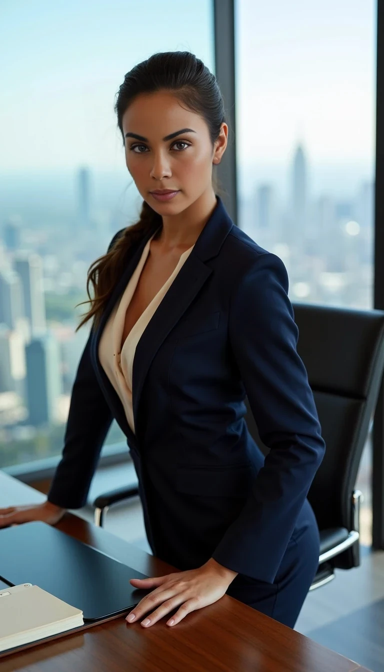 A stunning Colombian female model with an elegant physique and radiant tan skin, seated behind a modern executive desk in a luxurious, well-lit office with a breathtaking city view. Her long, wavy dark hair is neatly pulled back into a sleek, sophisticated updo, emphasizing her striking Latin American features and poised expression. She is wearing a tailored, elegant office suit in deep navy blue with a fitted blazer and high-waisted trousers, paired with a silk blouse in a soft ivory shade. Stylish high heels subtly complete her polished look. The office is sleek and contemporary, featuring floor-to-ceiling glass windows that showcase a panoramic cityscape, a high-end wooden desk with minimalist design, and a comfortable leather executive chair. The space is illuminated by natural daylight, casting a refined glow that enhances the luxurious ambiance. She sits with a poised and confident posture, hands resting elegantly on the desk, exuding authority and sophistication. The lighting highlights her presence, adding depth and realism to the high-end office setting. Ultra HD, highly detailed, cinematic lighting, professional photography, Vogue magazine style
