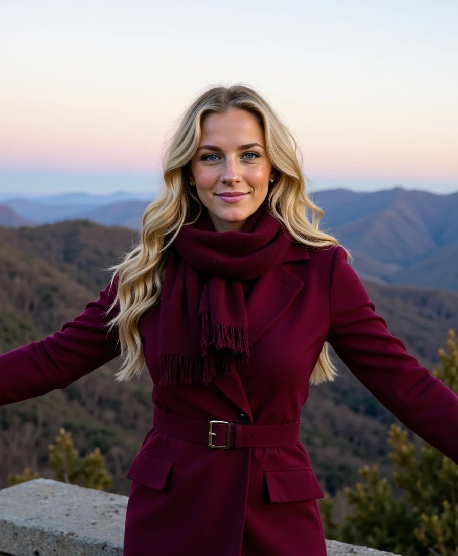 The image is a photograph featuring a young Caucasian woman, CSTMDL, with long, wavy blonde hair, standing on a misty Blue Ridge Parkway overlook at dawn. She wears a form-fitting deep burgundy coat and scarf that hugs her silhouette respectfully, arms outstretched embracing the view. Her expression is serene, hair flowing in the breeze, with rolling mountains in rich hues behind her. Highly detailed, 8K, natural lighting, adventurous lifestyle style with deep reds and greens.
