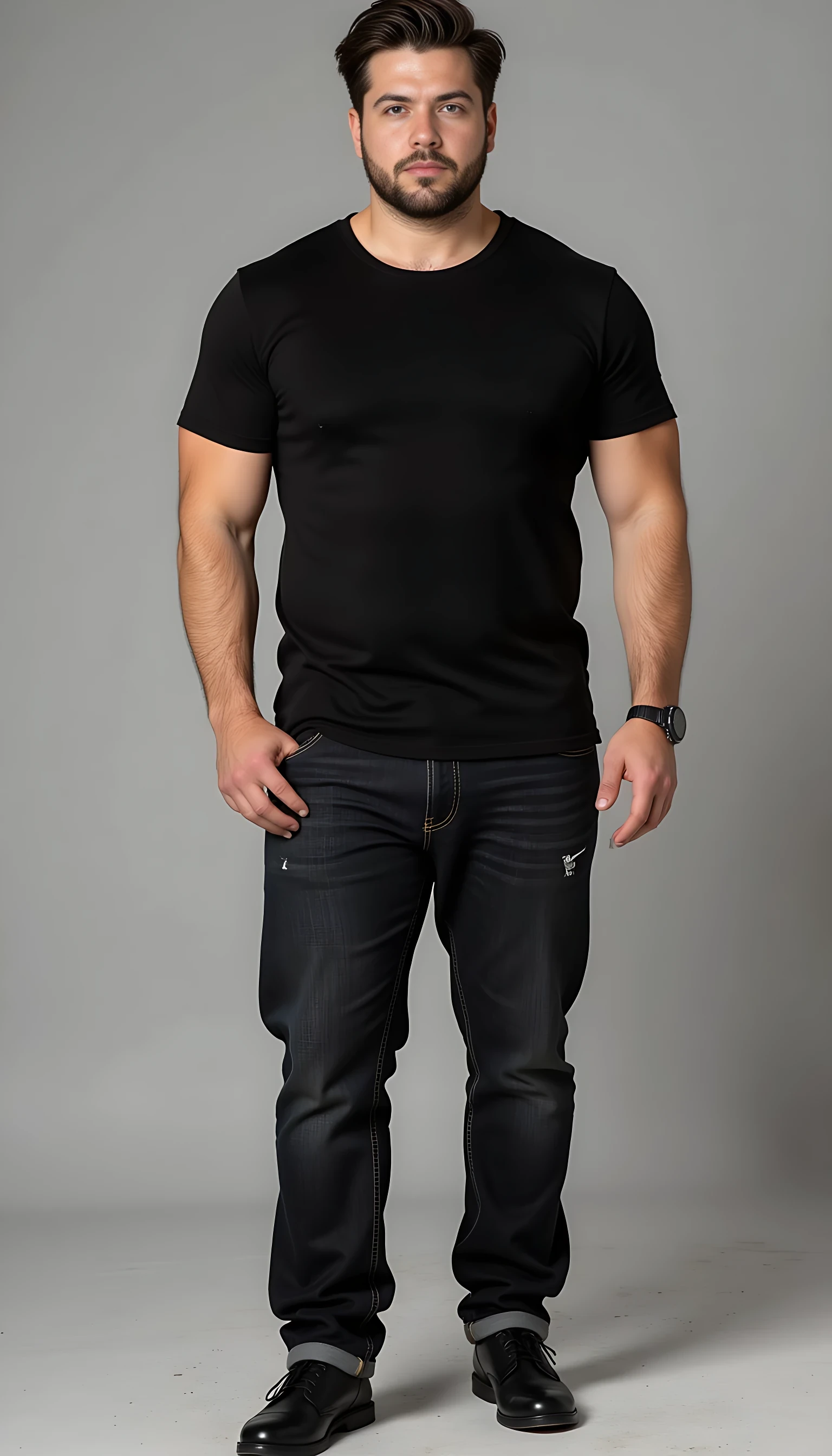 Create a character who exudes a commanding yet effortlessly relaxed presence. He is a tall, imposing figure standing at approximately 6'3" and weighing around 250 pounds of lean, well-defined muscle. At around 21 years old, his youthful vigor enhances his powerful physique, with broad shoulders and muscular arms accentuated by a fitted black T-shirt. His dark denim jeans hug his thighs, emphasizing his strong, athletic build, and he wears expensive, polished designer shoes—sleek and high-end, adding a touch of sophistication to his otherwise casual, laid-back style.
His dark brown hair is styled with a modern edge: trimmed shorter on the sides, with longer, tousled strands on top that fall in an intentionally unkempt, "just rolled out of bed" manner, giving him a rugged yet effortlessly attractive appearance that suits his youthful energy. His face is striking and completely clean-shaven, with no trace of facial hair, featuring a straight nose and a chiseled, smooth jawline that occasionally twitches with a subtle tic, hinting at an underlying intensity or restlessness beneath his cool exterior. His most captivating feature is his vibrant green eyes, so vivid and intense they seem to hold secrets, drawing attention with their depth and magnetic allure.
He moves with a confident, unhurried ease, as if he has all the time in the world to reach his destination, exuding a sense of self-assuredness and control. His overall demeanor blends youthful strength, mystery, and casual charm, with an air of someone who is both approachable and enigmatic, leaving others intrigued by the story behind his piercing green gaze and relaxed, confident stride.
