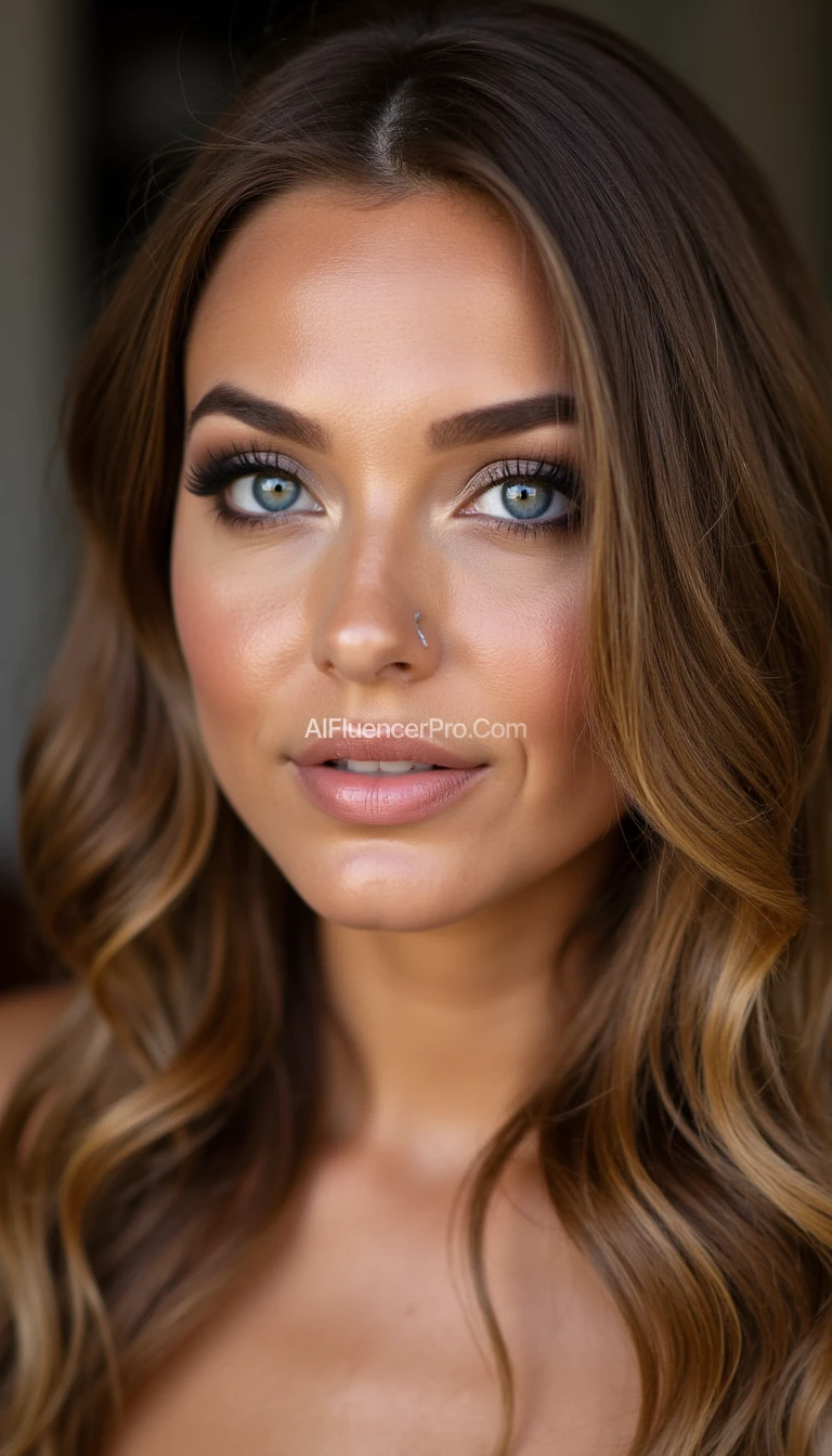 A stunning 20-year-old British woman with captivating blue eyes, high cheekbones, and full lips. She exudes Hollywood-level beauty and confidence, reminiscent of an A-list actress or pop star. Her golden-brown wavy hair cascades over her shoulders, styled in a glamorous yet effortlessly chic manner. Her skin is flawless, glowing with a soft radiance. She wears subtle yet elegant makeup that enhances her natural beauty, with a touch of smoky eyeshadow and a nude glossy lip getting fucked