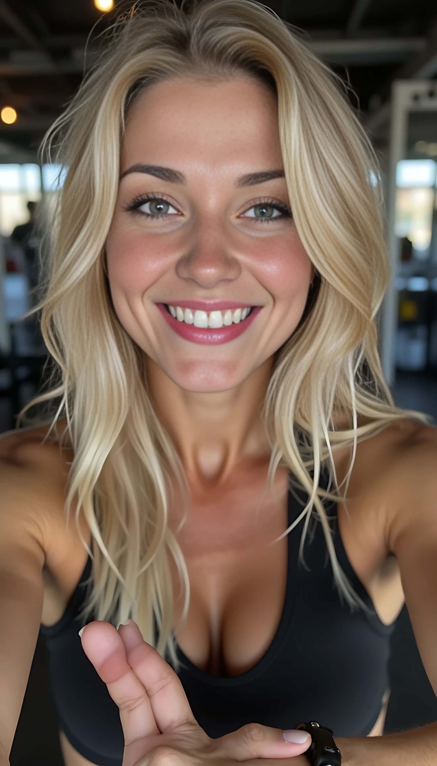 iphone portrait of blond woman, gym picture, hot pans, smile
