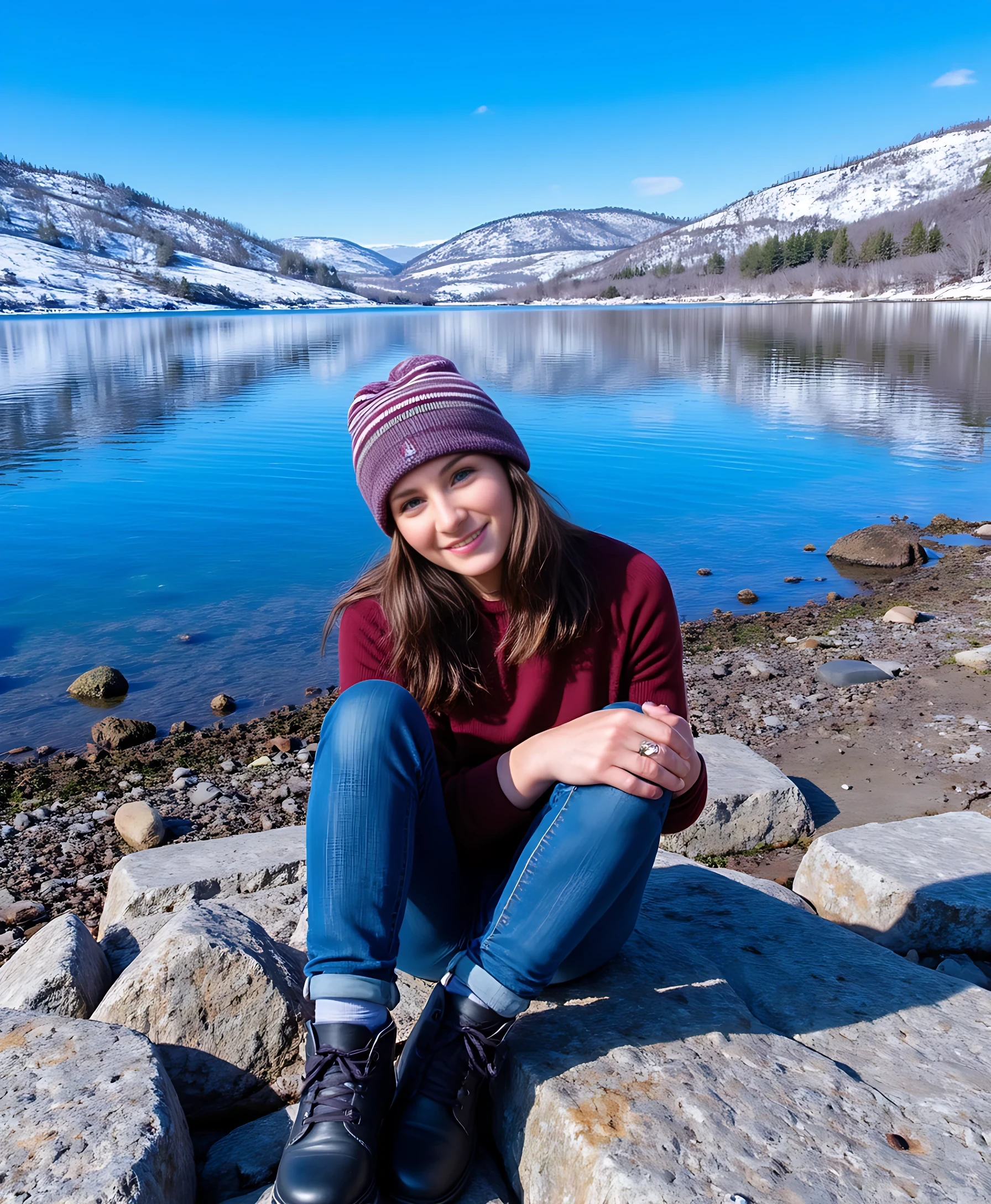A person is sitting on a rocky lakeshore in casual attire, wearing a striped beanie and black boots. Their expression is playful, with one eye closed and a bright grin. In the background, there's a serene lake reflecting the snow-dusted trees and hills on a clear, sunny day. The sky is bright blue, adding to the crisp, outdoor atmosphere. CSTMDL 