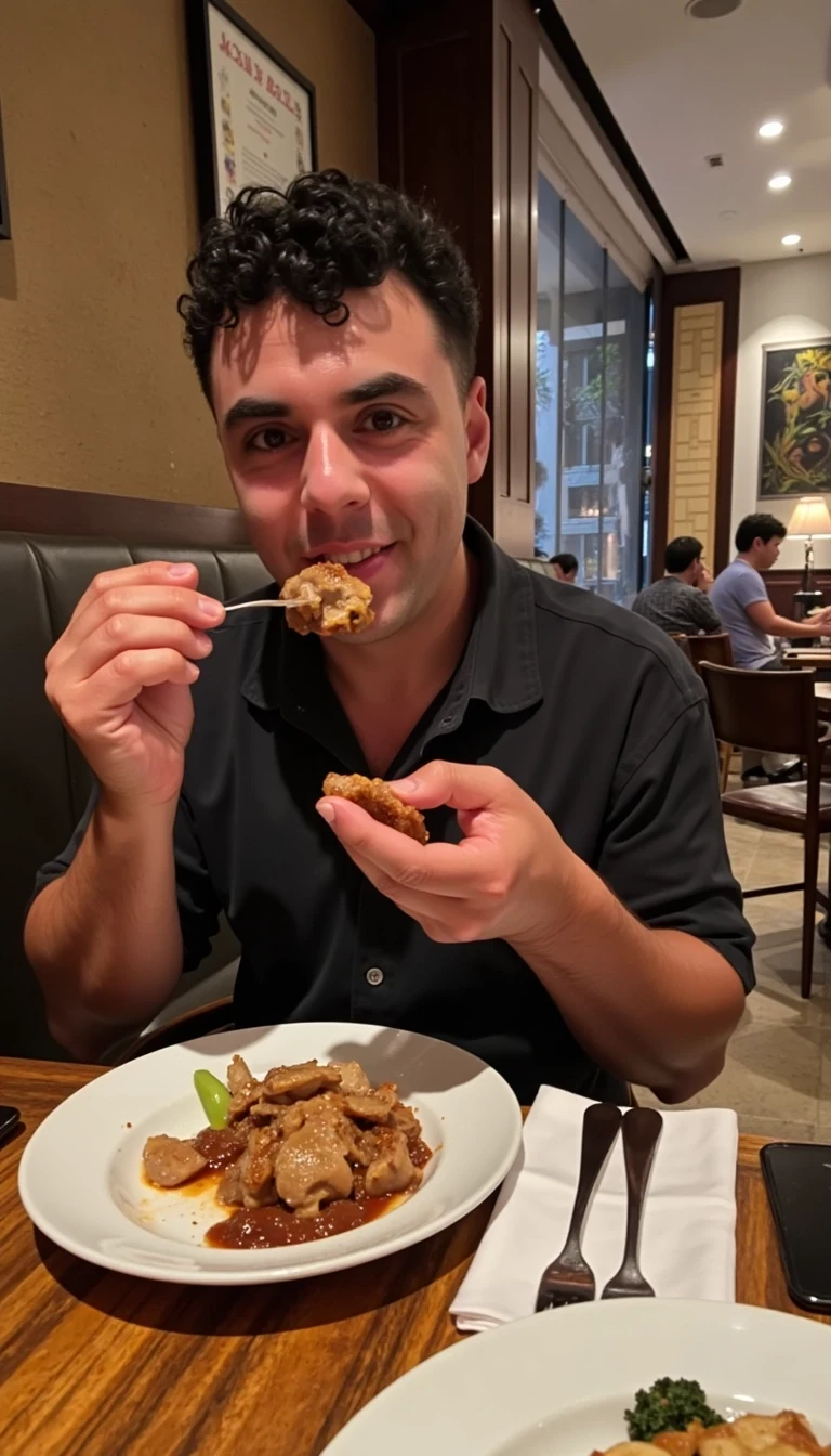 photo of man CSTMDL, fully clothed, eating cow shit in a very expensive restaurant