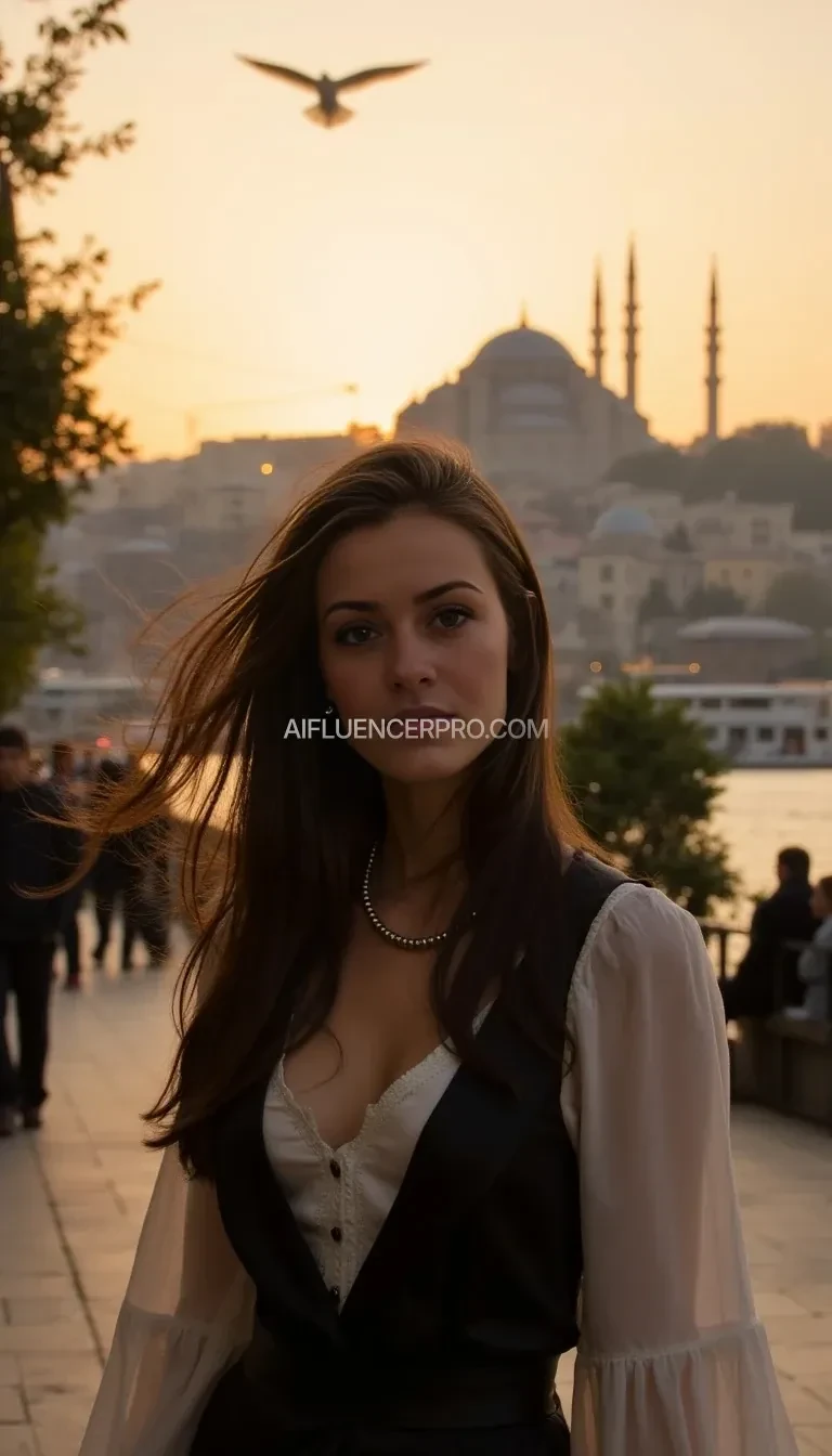 "Beautiful young woman with expressive eyes and flowing dark hair, standing on a historic Istanbul street during golden hour. She wears an elegant outfit blending modern and traditional styles. Warm sunlight highlights her delicate features. The Bosphorus Bridge and mosque domes silhouette the background, with seagulls soaring. A nostalgic, cinematic atmosphere with soft bokeh city lights."