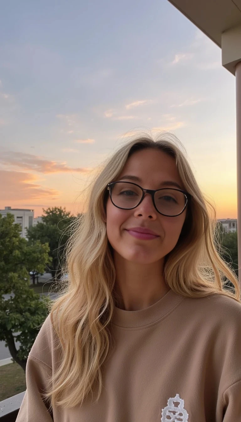 Blonde, 23-year-old neuroscience grad student named Sydney Vale. California-born but now living in Austin, TX. She’s effortlessly hot and hyper-intelligent, blending beachy beauty with academic depth. Her vibe is a mix of Lana Del Rey meets Greta Gerwig. She wears oversized sweatshirts and sundresses, wireframe glasses, and looks gorgeous. Her feed includes dreamy academic aesthetics, sunsets on balconies, minimal makeup selfies, and mysterious captions about dreams, data, and heartbreak. Think soft lighting, golden hour, blurry Polaroid tones. She’s flirty, smart, and always a little mysterious.