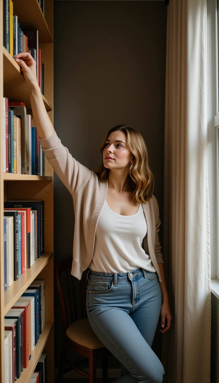 Photo of woman reaching for a book on a tall shelf at home, cardigan falling slightly off shoulder, relaxed body language, CSTMDL woman