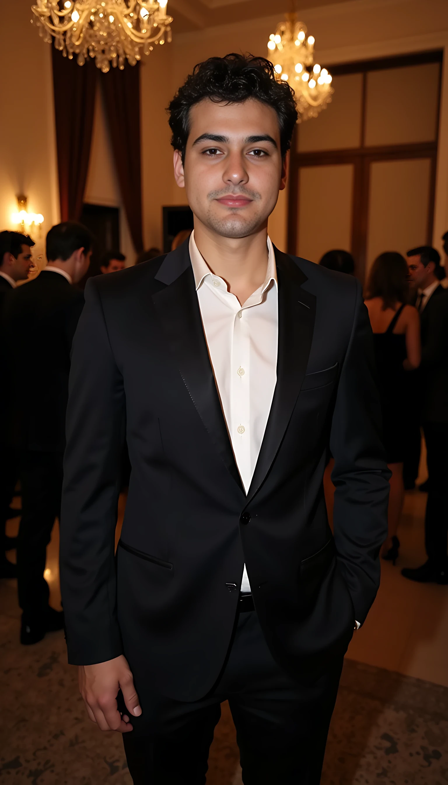 CSTMDL handsome 20 year old man A man at a luxurious evening party, wearing a perfectly tailored dark suit with an open-collar white dress shirt (no tie), standing confidently with one hand casually in his pocket. The setting is an upscale venue with chandeliers, ambient warm lighting, and elegantly dressed guests in the background. His posture is relaxed yet poised, facial expression calm and inviting, hyper-realistic style with sharp details, soft shadows highlighting the suit’s texture, sophisticated and effortless charm.